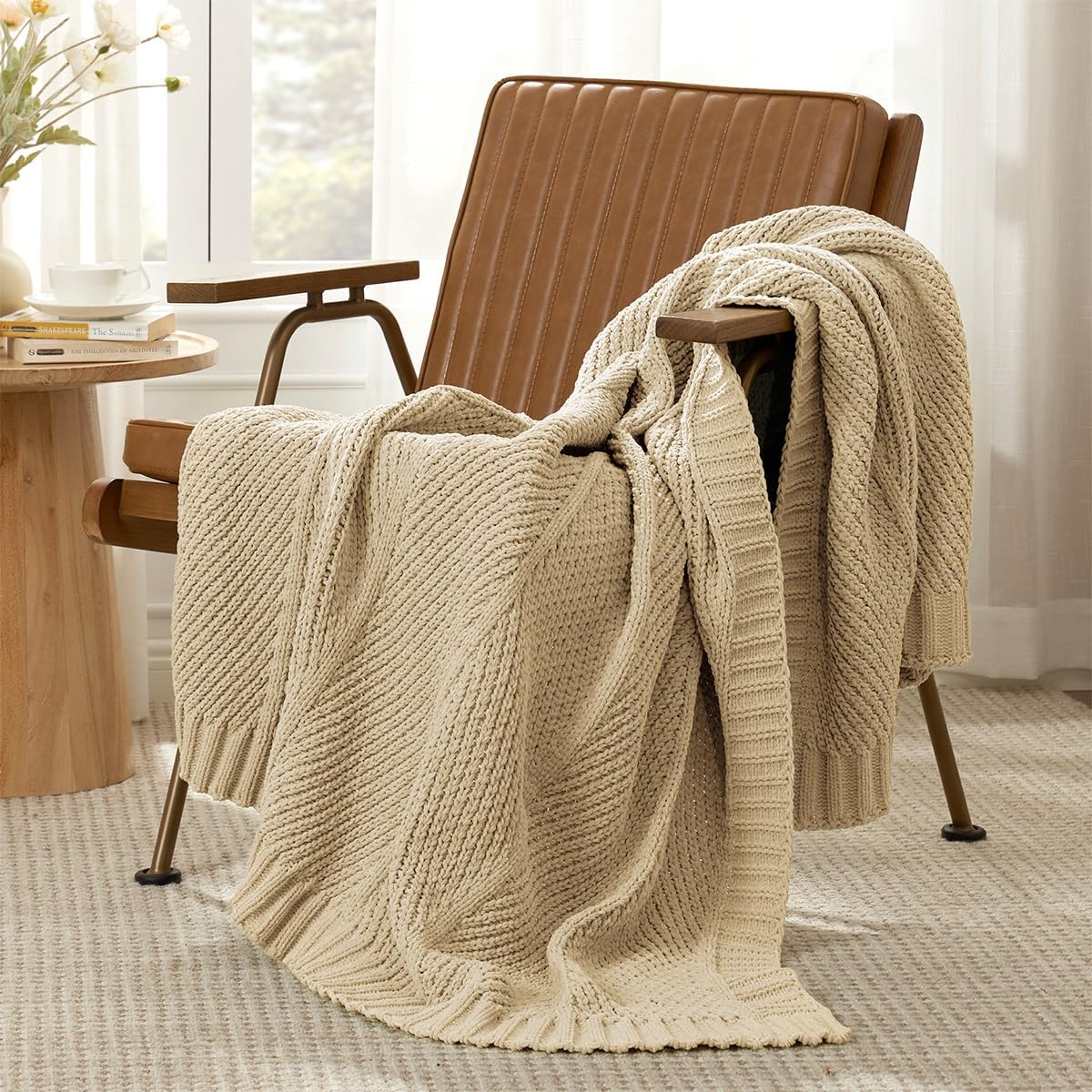 Amélie Home Chevron Chenille Knit Throw Blanket for Couch, Cozy Texture Decorative Soft Blanket for Sofa & Chair, 50"x60", Beige