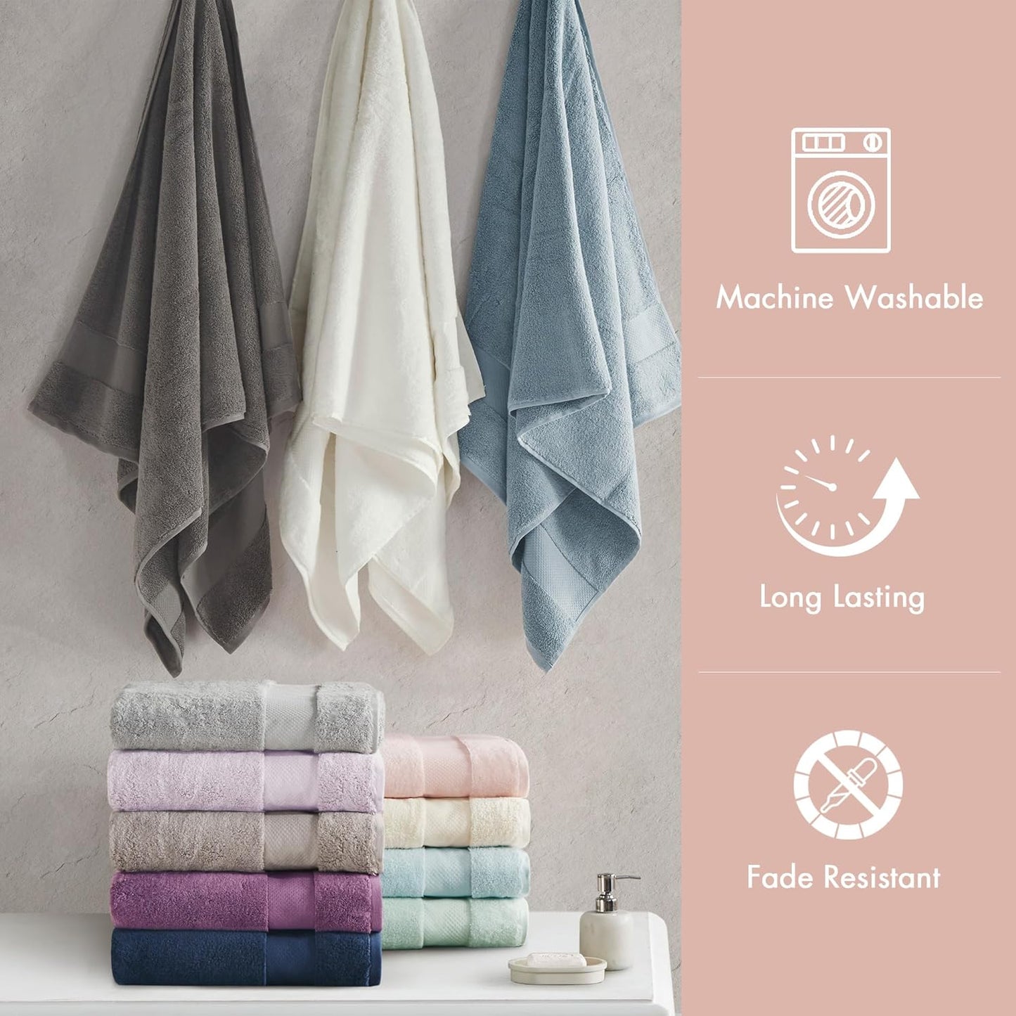 Madison Park Turkish 100% Cotton 600Gsm Luxury Premium Thick Soft Absorbent Hotel Bathroom Towel Set Shower Hand Face Washcloths, Assorted Sizes, Blush 6 Piece