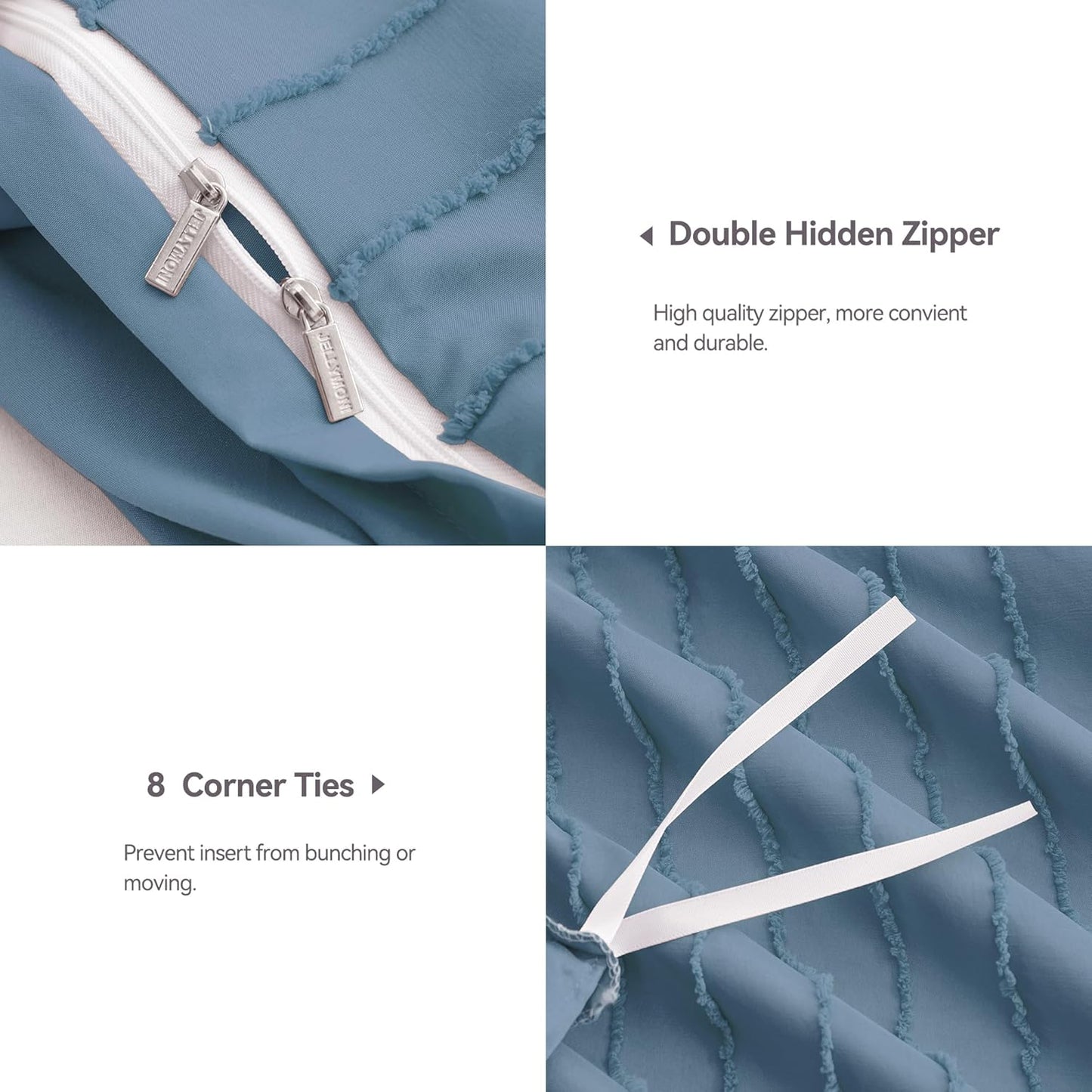 JELLYMONI Duvet Cover King Size Blue - 3PCS Boho Striped Duvet Cover Set Polyester Tufted Bohemian Textured Comforter Cover with Corner Ties & Zipper Closure