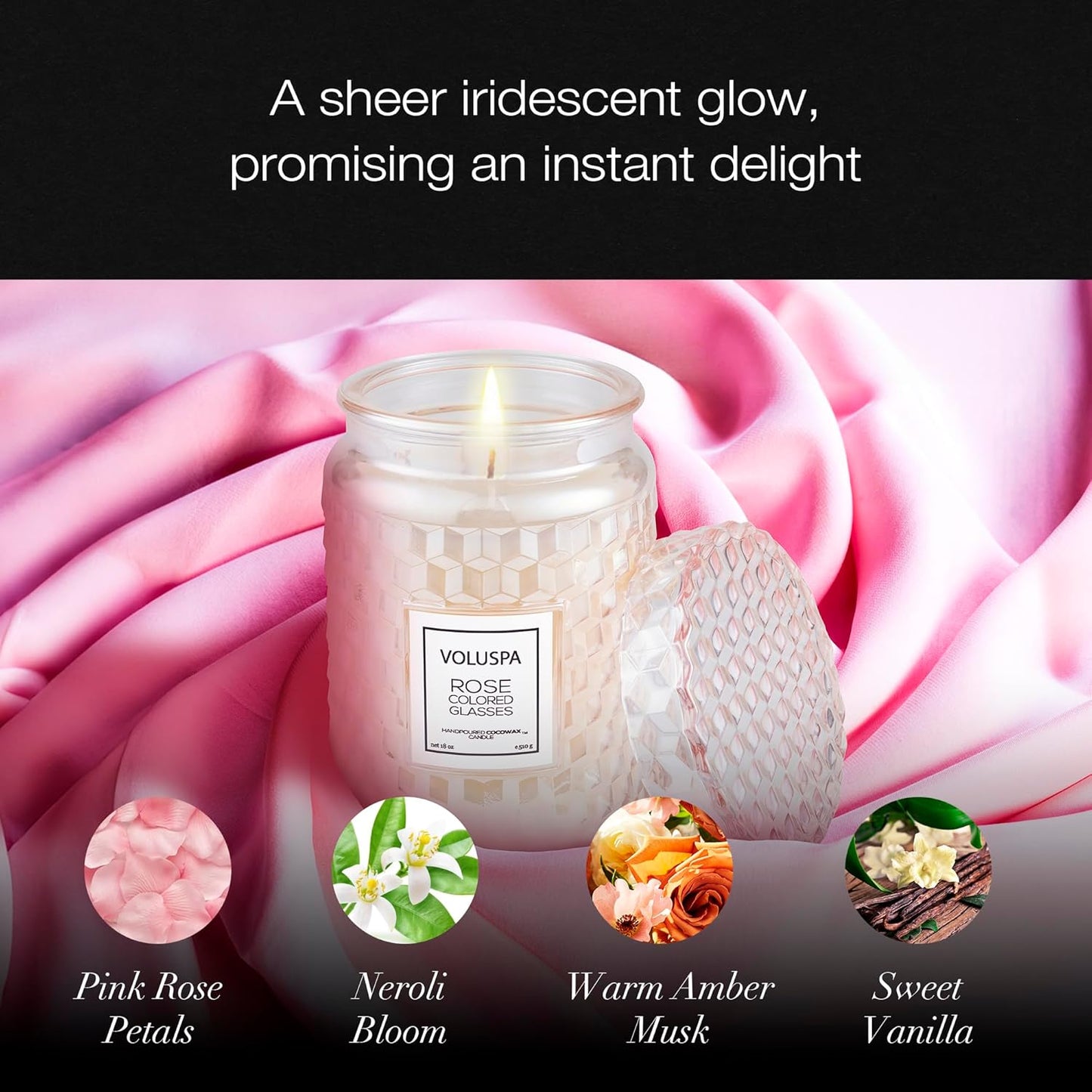 Voluspa Rose Colored Glasses, Large Candle Jar, 18 Ounce, 100 Hour Burn Time, Coconut Wax for Clean Burning, Handcrafted in The USA