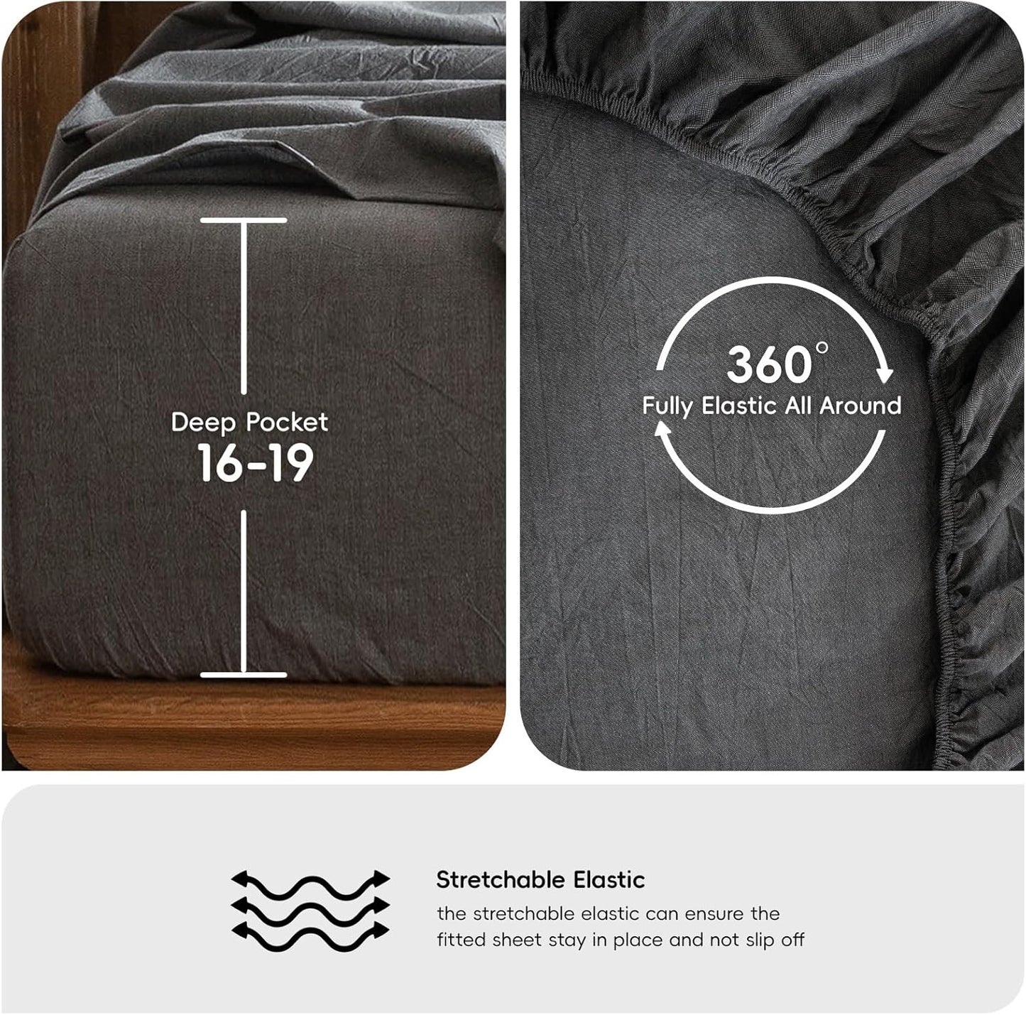 MooMee Bedding Sheet Set 100% Washed Cotton Linen Like Textured Breathable Durable Soft Comfy (Heathered Dark Grey, Full)