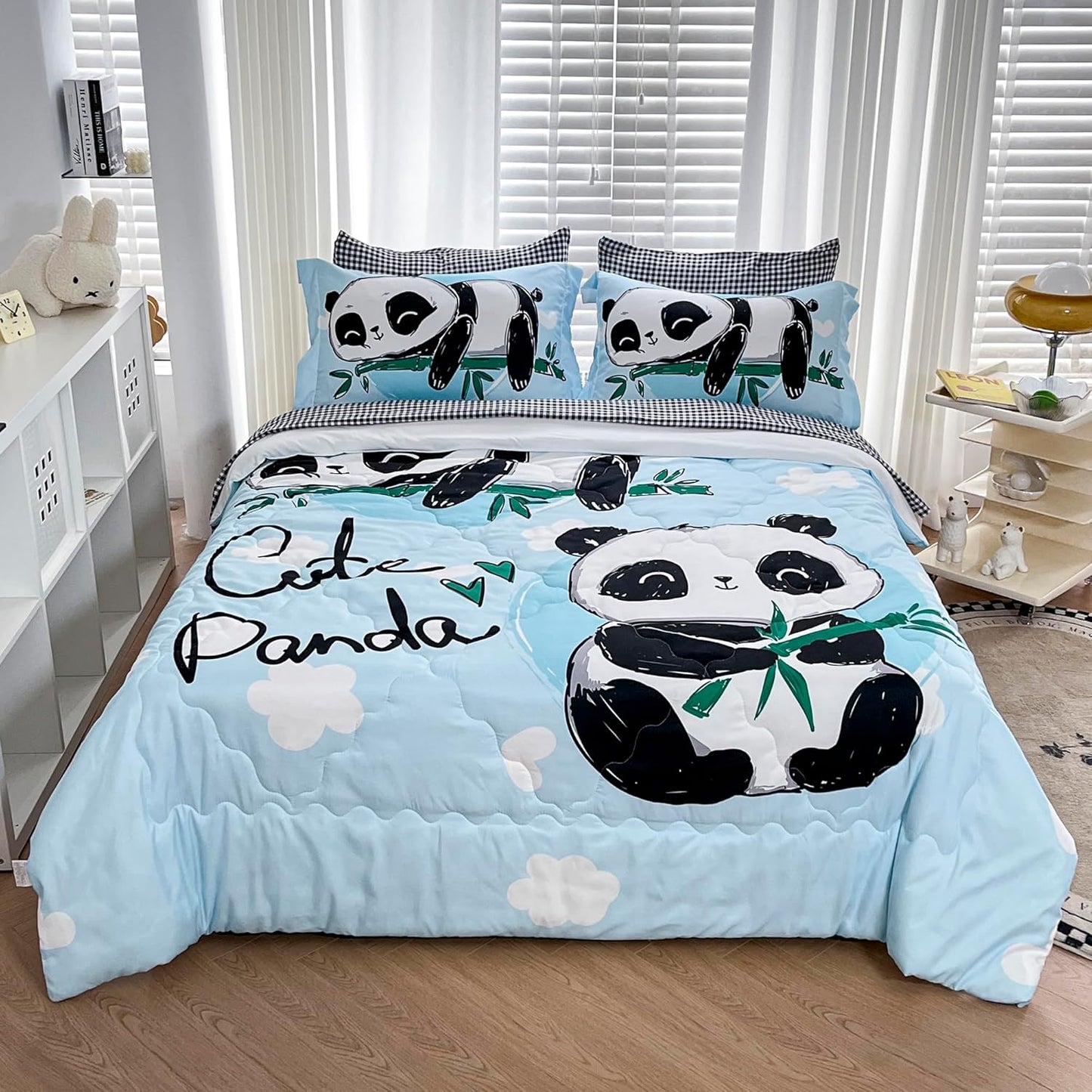 Wajade Kids Panda Comforter Set Bed in A Bag Full Size 7 Piece Blue 3D Cute Panda Bamboo Clouds Bedding Set for Girls Boys (1 Comforter, 1 Flat Sheet, 1 Fitted Sheet, 2 Pillowcase and 2 Pillow Sham)