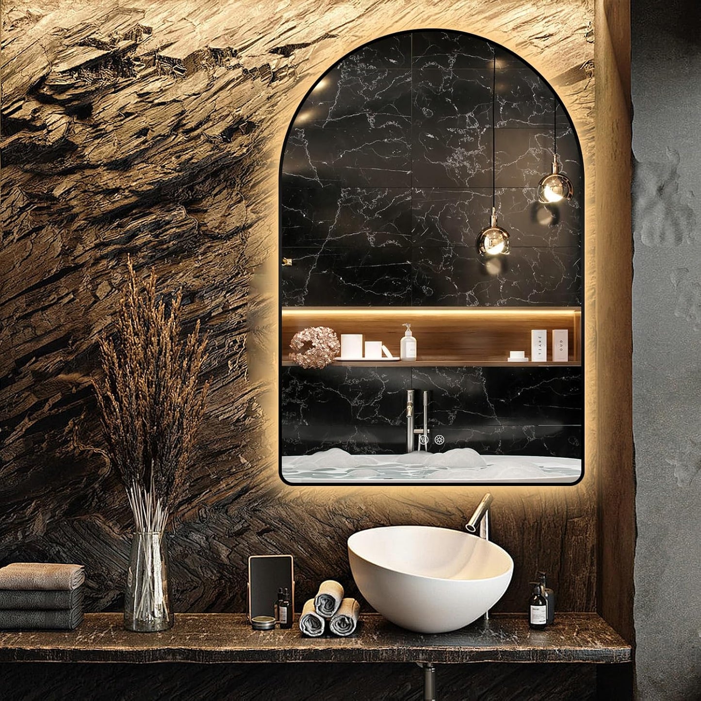 Niccy Arched LED Lighted Bathroom Mirror, 32x20 Inch Backlit Vanity Bathroom Mirror with Lights Brushed Black Framed Wall Mounted Mirrors with 3 Color Shatterproof Arch Smart Fog Free Mirror