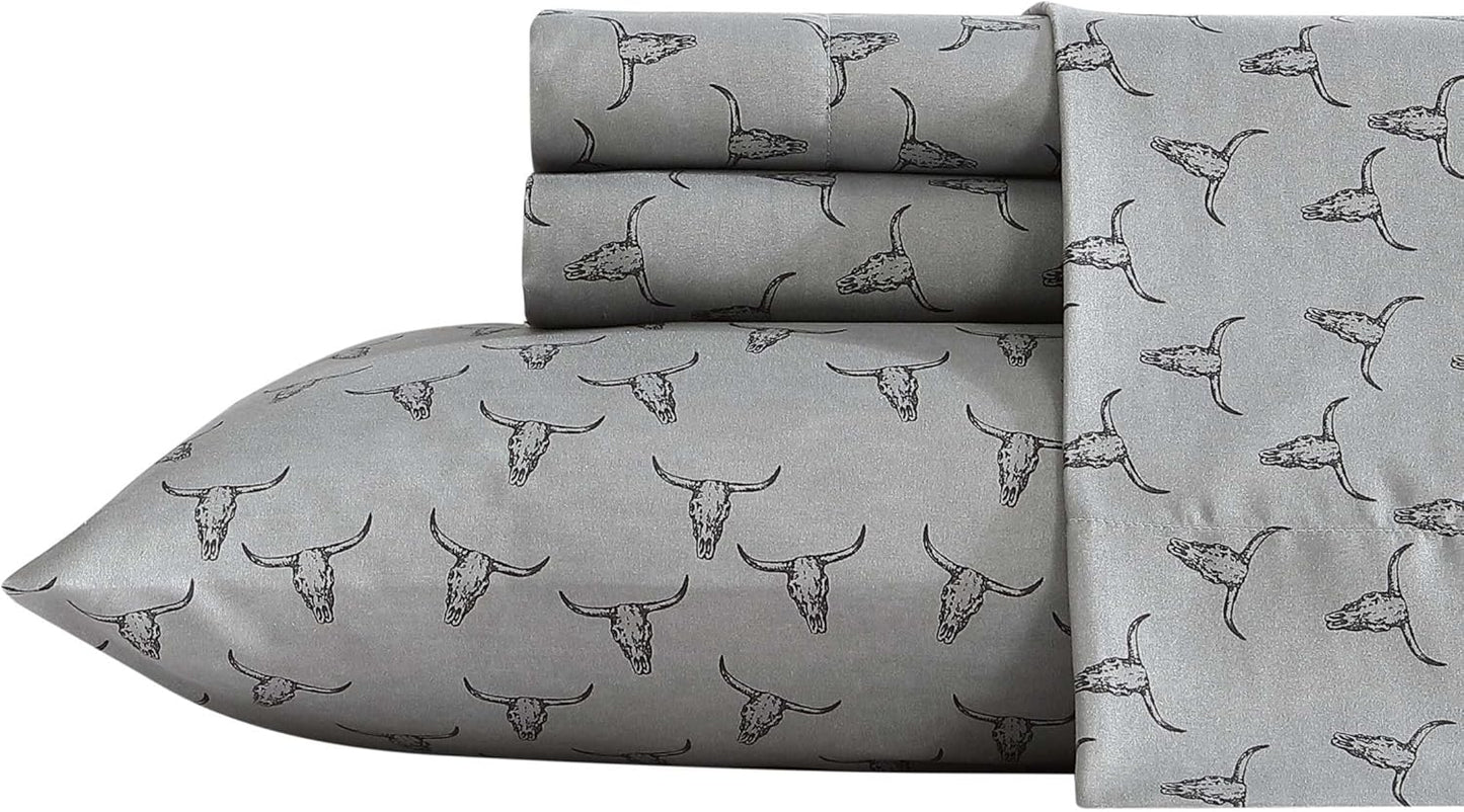 Wrangler - Full Bed Sheets, Ultra-Soft & Lightweight Bedding with Matching Pillowcases, Lightweight Bed Set for All Season Comfort, Oeko-Tex Certified (Steer Skulls Grey)