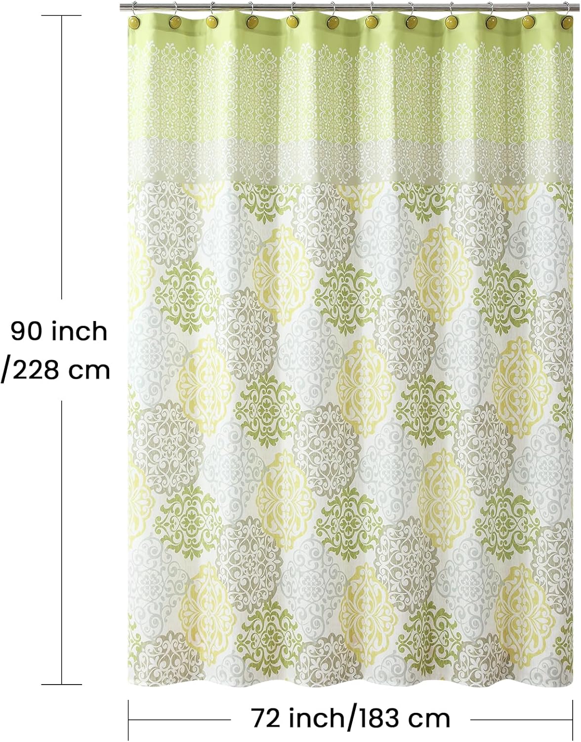 90 Inch Fabric Shower Curtain, Extra Long Green Yellow Grey Boho Medallion Print Shower Curtains for Bathroom, 72" W x 90" H
