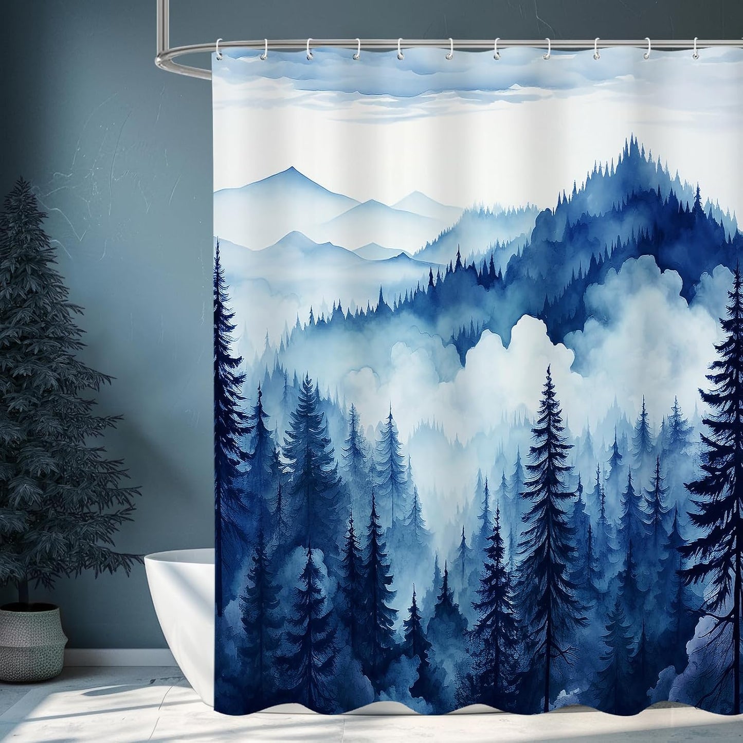 Navy Blue Extra Long Misty Pine Forest Shower Curtain 72 x 84, XL Mountain Foggy Woodland Scenery Tree Shower Curtains for Bathroom, Abstract Waterproof Nature-Themed Decor