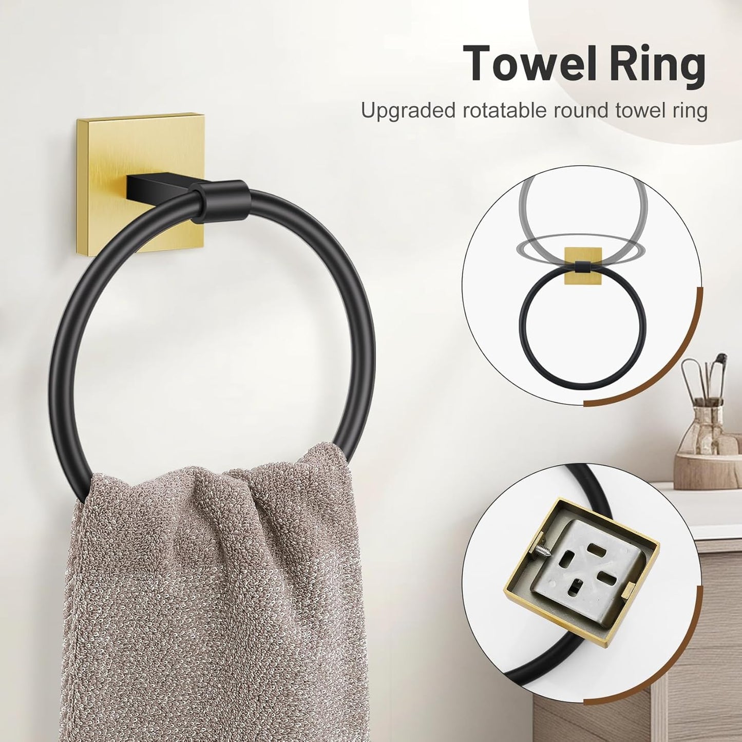 5-Piece Black Gold Bathroom Hardware Set, SUS304 Stainless Steel Bathroom Accessories Set 23.6 inches Towel Bar, Toilet Paper Holder with Shelf, Towel Ring and Two Towel Hooks Wall-Mounted
