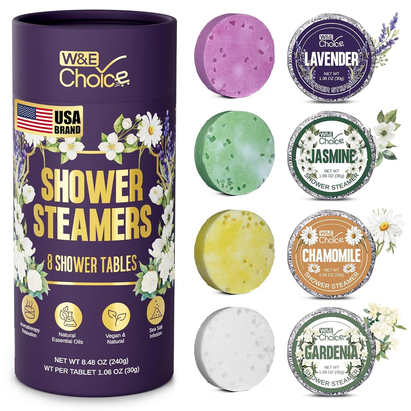W&E Choice Shower Steamers Aromatherapy 8 Counts, Christmas Gifts for Women, Shower Bombs with Natural Essential Oils for Daily Relaxation & Stress Relief, Birthday Gifts for Wife, Mom
