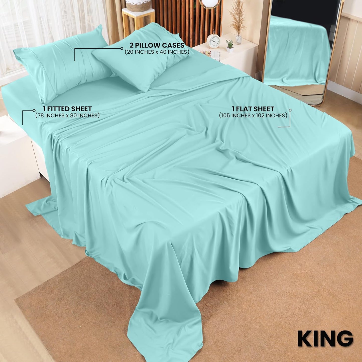 Utopia Bedding King Bed Sheets Set - 4 Piece Bedding - Brushed Microfiber - Shrinkage and Fade Resistant - Easy Care (King, Spa Blue)