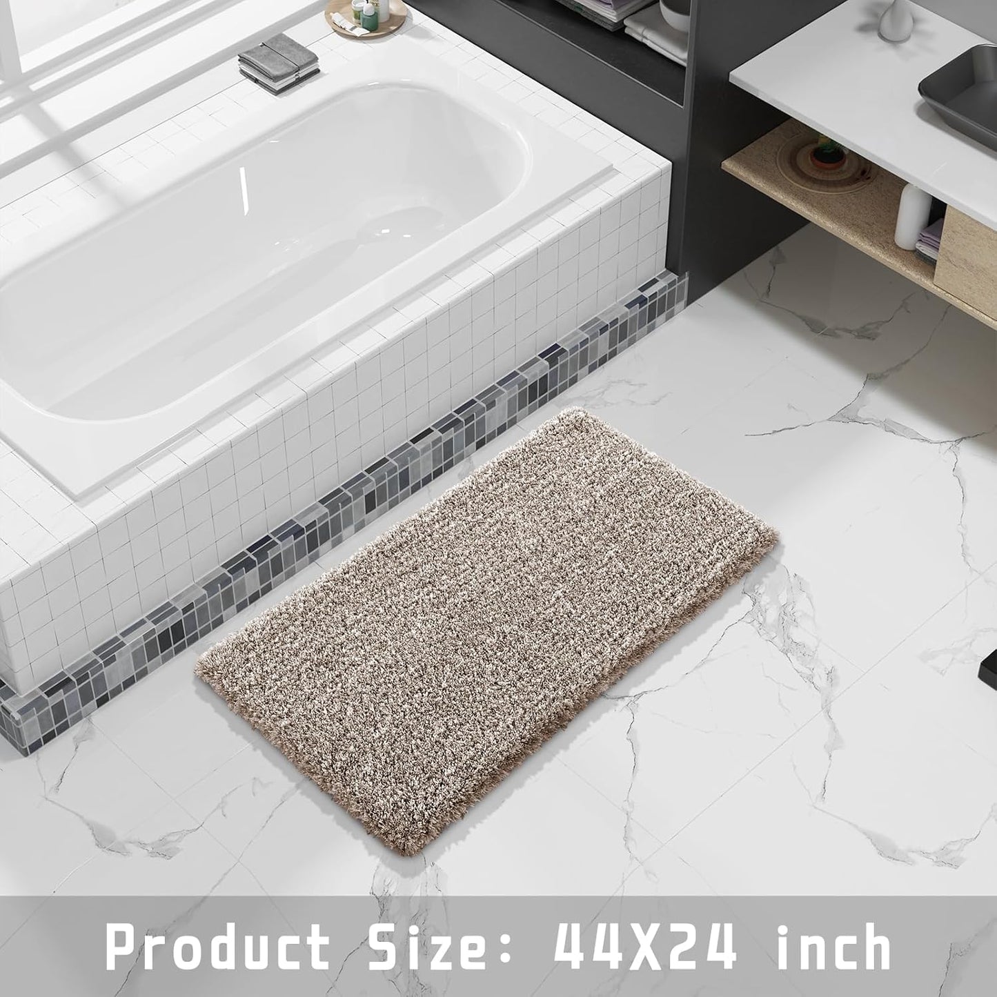 Yimobra Fluffy Plush Bath Rug, Shaggy Soft Comfortable Non Slip, Water Absorbent Microfiber Bath Mat, Dry Quick, Machine Washable Thick Bathroom Floor Rugs for Shower, 44"x 24", Light Brown and White