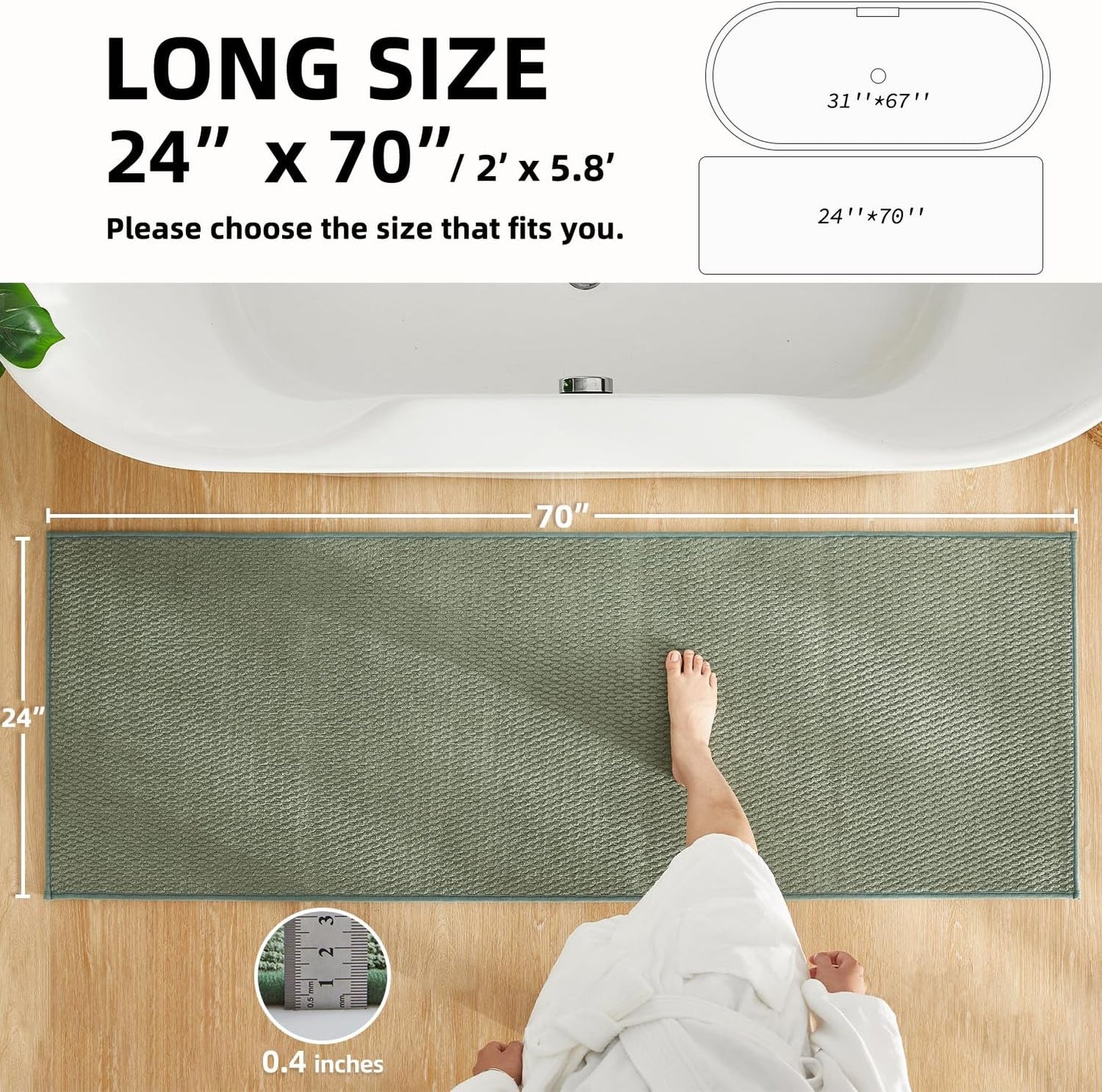 Bathroom Runner Rugs, Long Bath Mat Runner Washable Thin Quick Dry Low Pile Bathroom Runner Rugs Non Slip, Sage Green 24"x70"