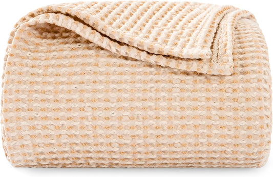 EGOHOME 100% Cotton Throw Blanket for Couch,Cotton Waffle Weave Blanket for All Seasons,Soft Lightweight Breathable Jacquard Dual-Tone Textured Blanket-Banana Cream,50 x 60 Inches