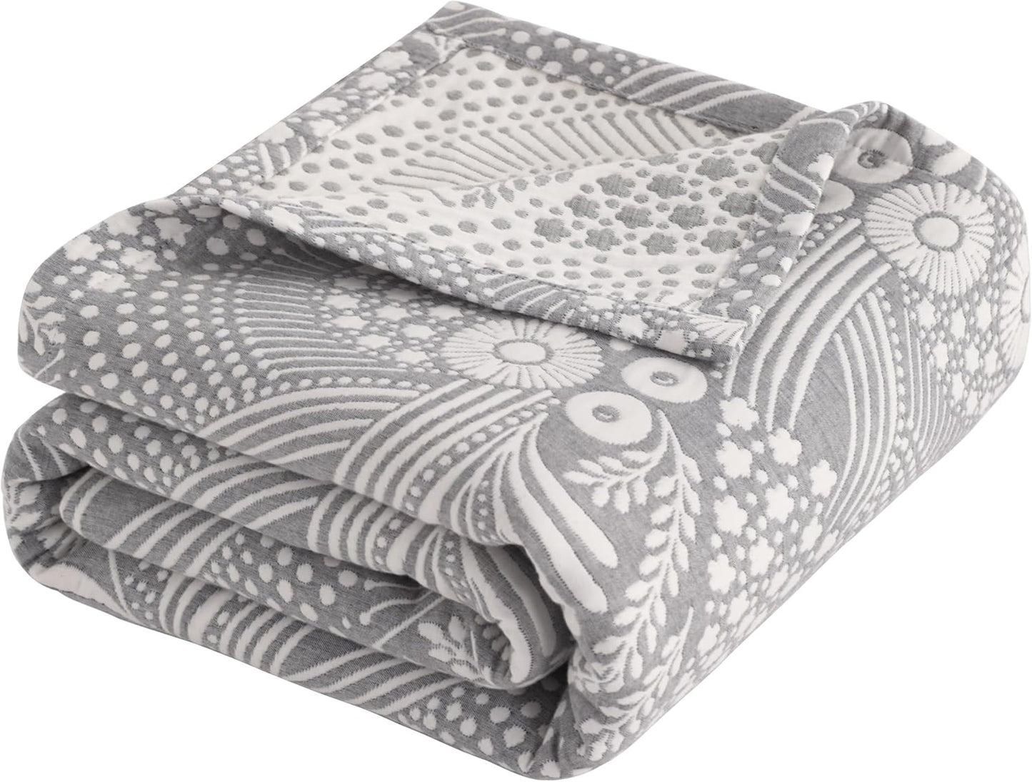 NTBAY 3 Layers Cotton Muslin 88x92 Queen Bed Blanket, Super Soft Breathable Thermal Yarn Dyed Quilt for Adults, Perfect Lightweight Blanket for Couch Sofa Bed All Seasons, Grey Star and Wheat