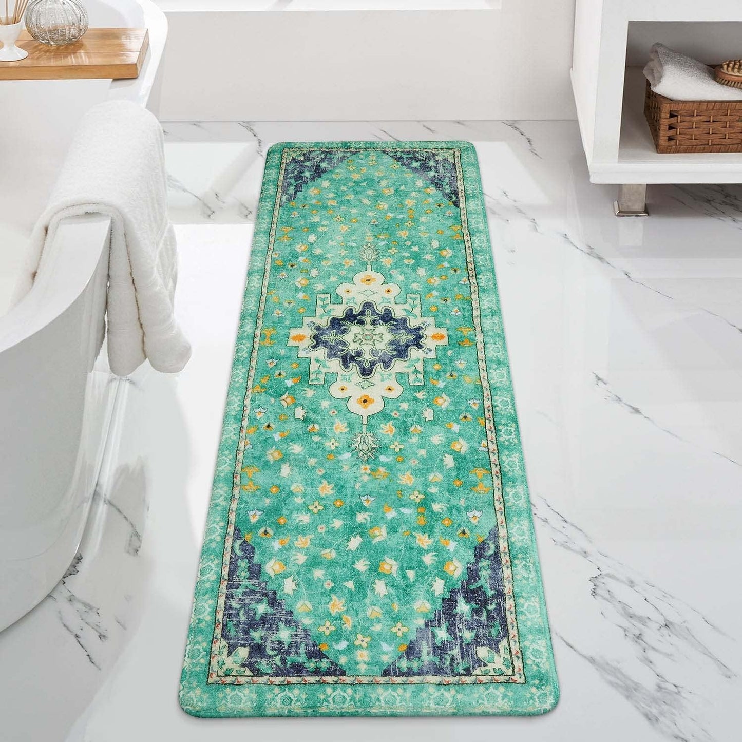 Uphome Retro Long Boho Rug Green Non-Slip Soft Bathroom Rug Runner Machine Washable Oriental Bathroom Mats Traditional Farmhouse Floral Bath Rug for Shower Tub Vanity, 20x59 inch