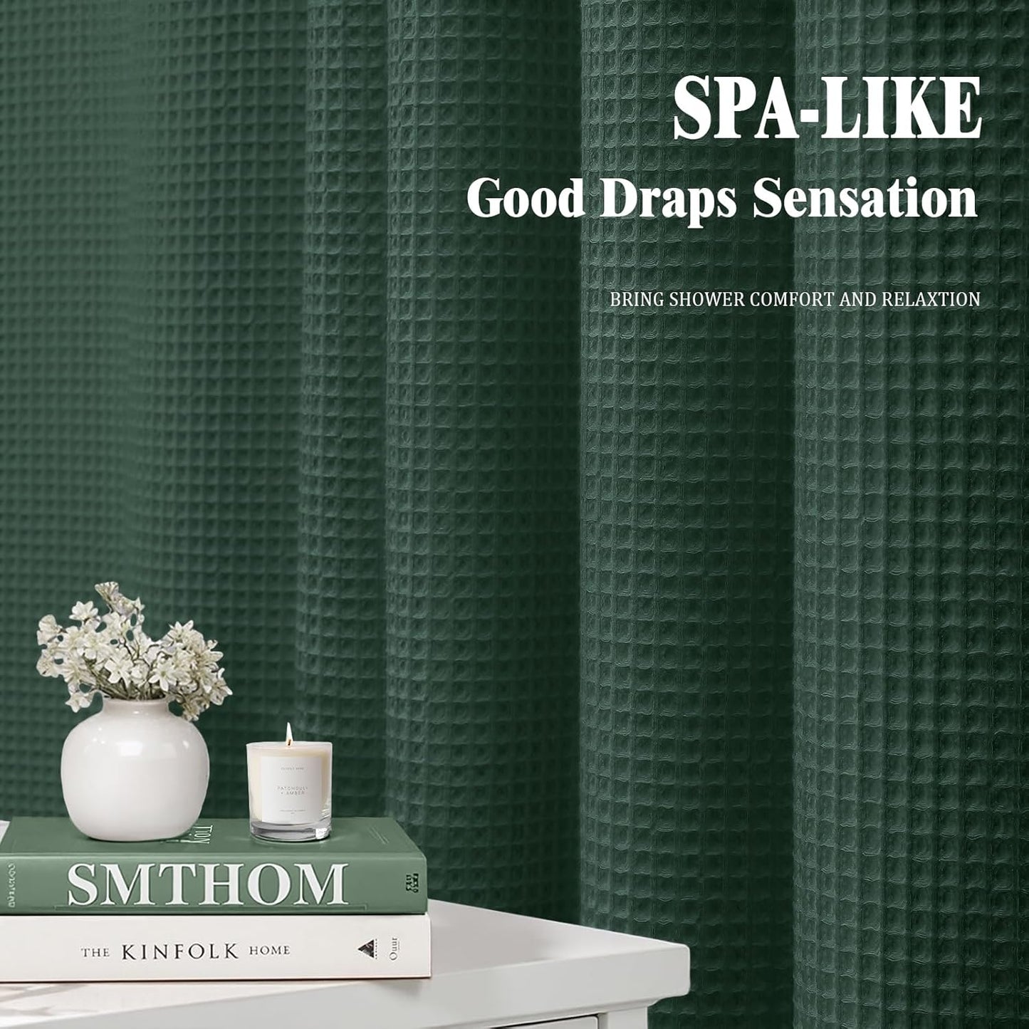 Stall Waffle Shower Curtain - Dark Green Cotton Fabric Texture Heavyweight Shower Curtain for Narrow Bathroom,Washable,60Wx72L