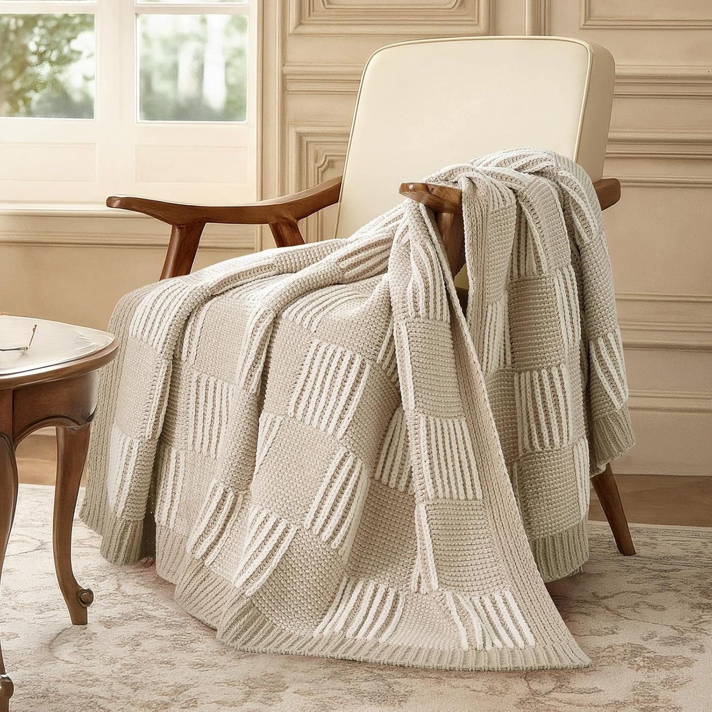 Amélie Home Checkered Knit Throw Blanket for Couch, Chenille Texture Decorative Soft Blanket for Sofa & Chair, 50"x60", Khaki & White