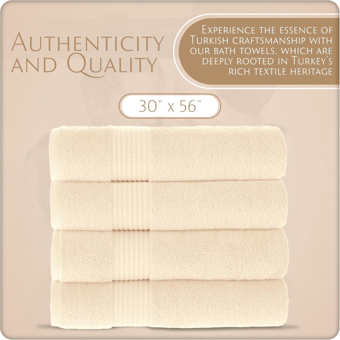 MAURA Basics Performance Bath Towels 100% Turkish Cotton with Hook Loops. Extra Large Luxury Absorbent Plush Towel Sets for Bathroom, Daily Use American Standard Size 27”x54”, Cream