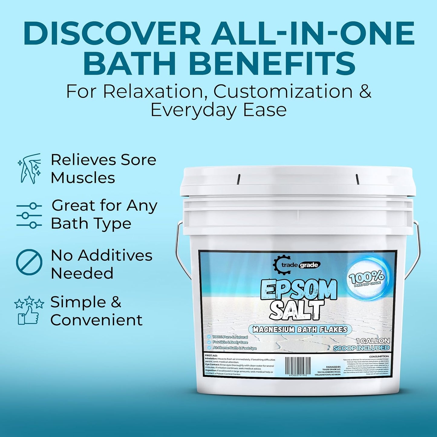 TradeGrade Epsom Salt – Pure Magnesium Sulfate for Soaking & Relaxation – Muscle Recovery, Wellness & Stress Relief – Includes Bucket with Scoop (1 Gallon)