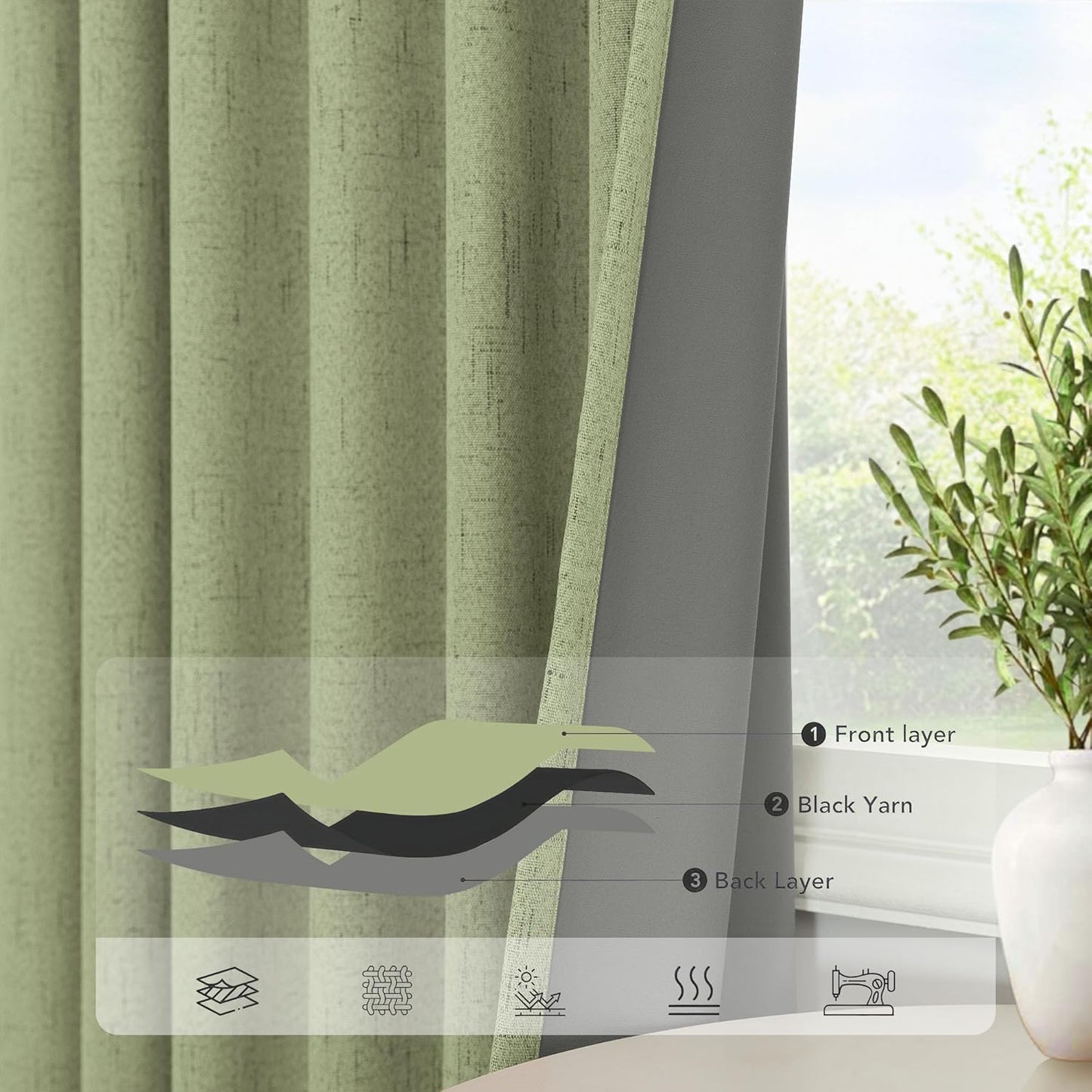 Light Sage Green Short Blackout Curtains for Small Bathroom Window Kitchen Door Back Tab Pocket 45 Inch Length 2 Panel Linen Look Noise Reducing Dampening Vintage Moody Curtain for Room Divider Closet