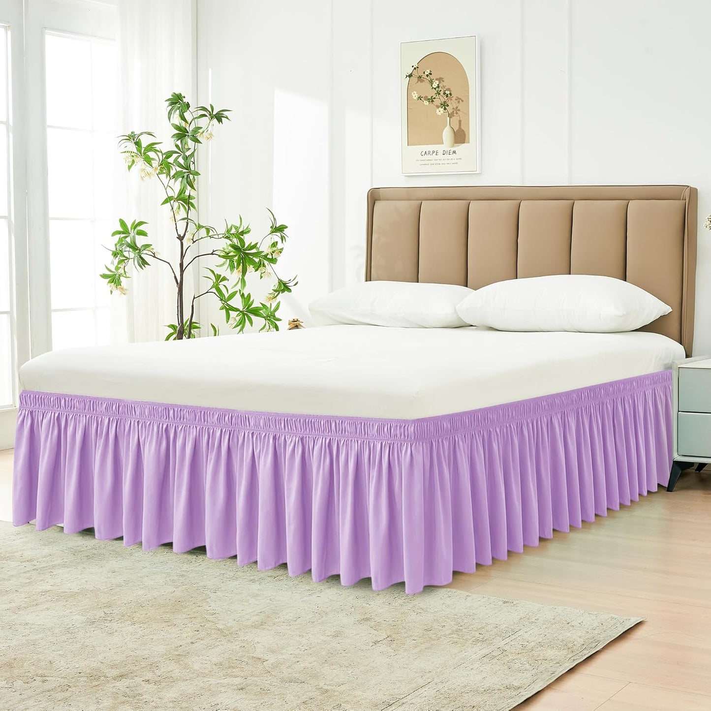 Biscaynebay Wrap Around Bed Skirts with Adjustable Belts for Full & Full XL Beds 15" Drop, Violet Elastic Dust Ruffles Silky Luxrious Fabric Machine Washable
