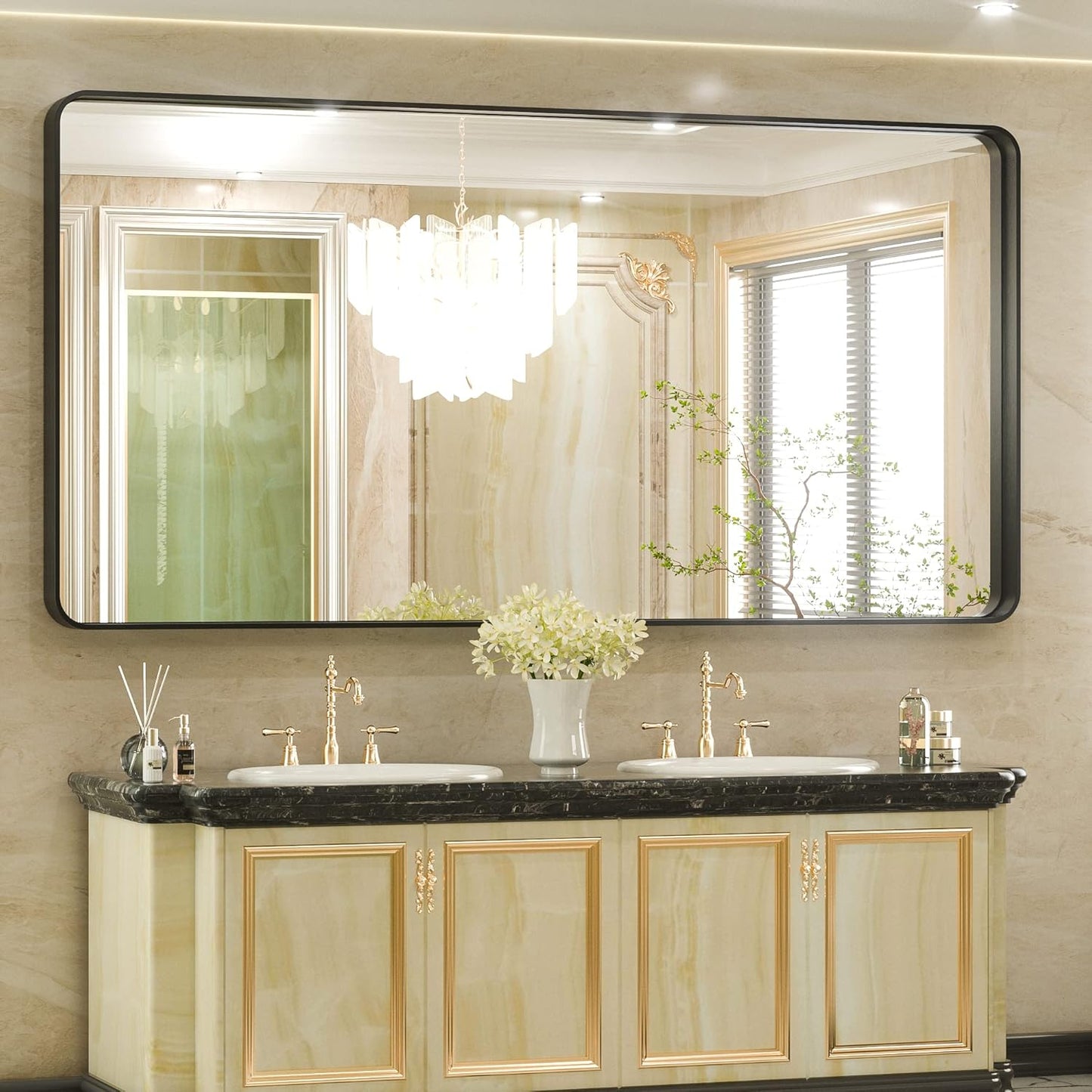 TETOTE 72 x 36 Inch Black Bathroom Mirror, Rectangle Matte Metal Frame Wall Mounted Mirror, Modern Farmhouse Round Corner Large Mirrors for Double Vanity (Horizontal/Vertical)