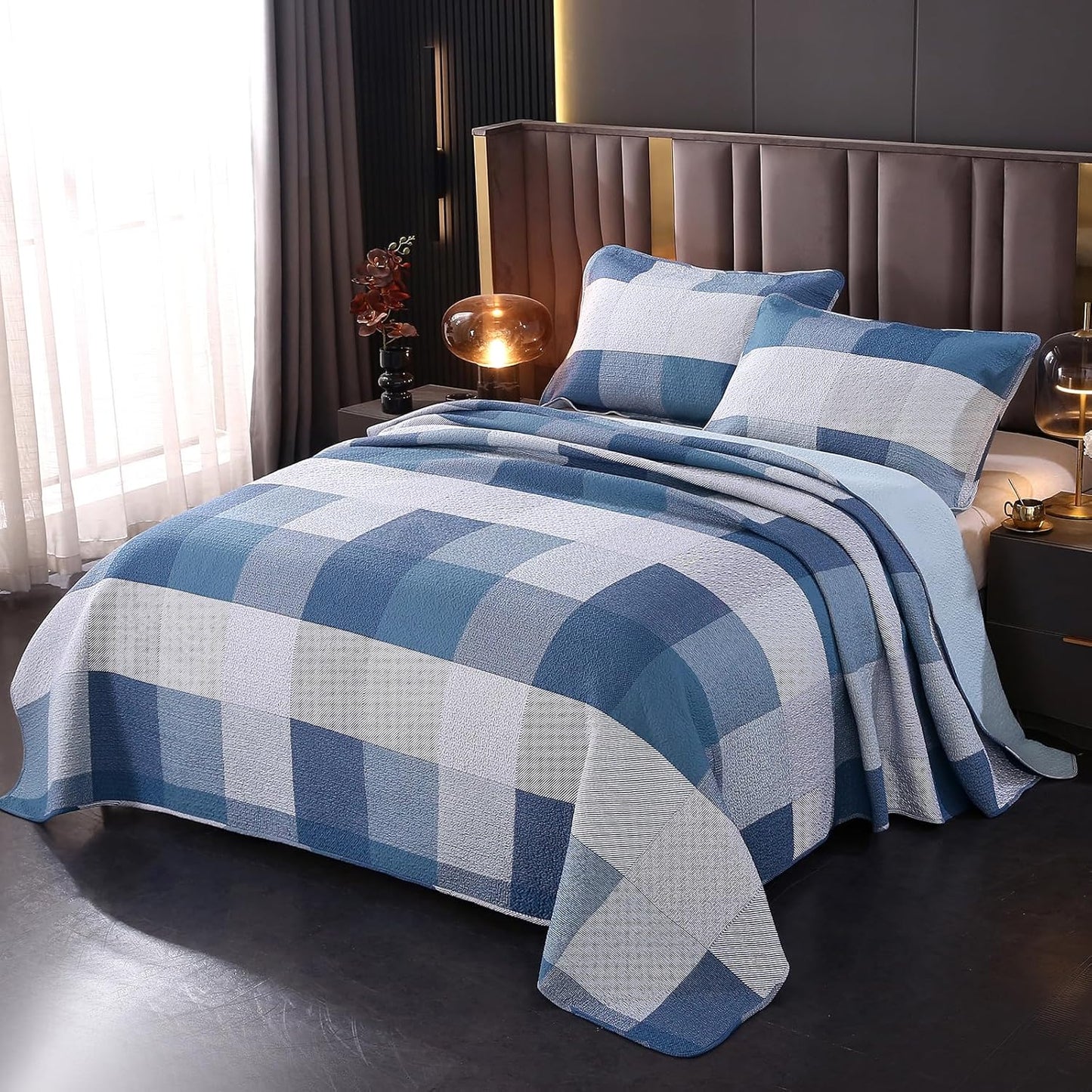 vctops Cotton Quilted Patchwork Quilt Set Queen Size Farmhouse Blue Plaid Bedspreads Coverlet 3 Pieces Summer Lightweight 1 Quilt and 2 Pillow Shams for All Season (Plaid A,Queen)