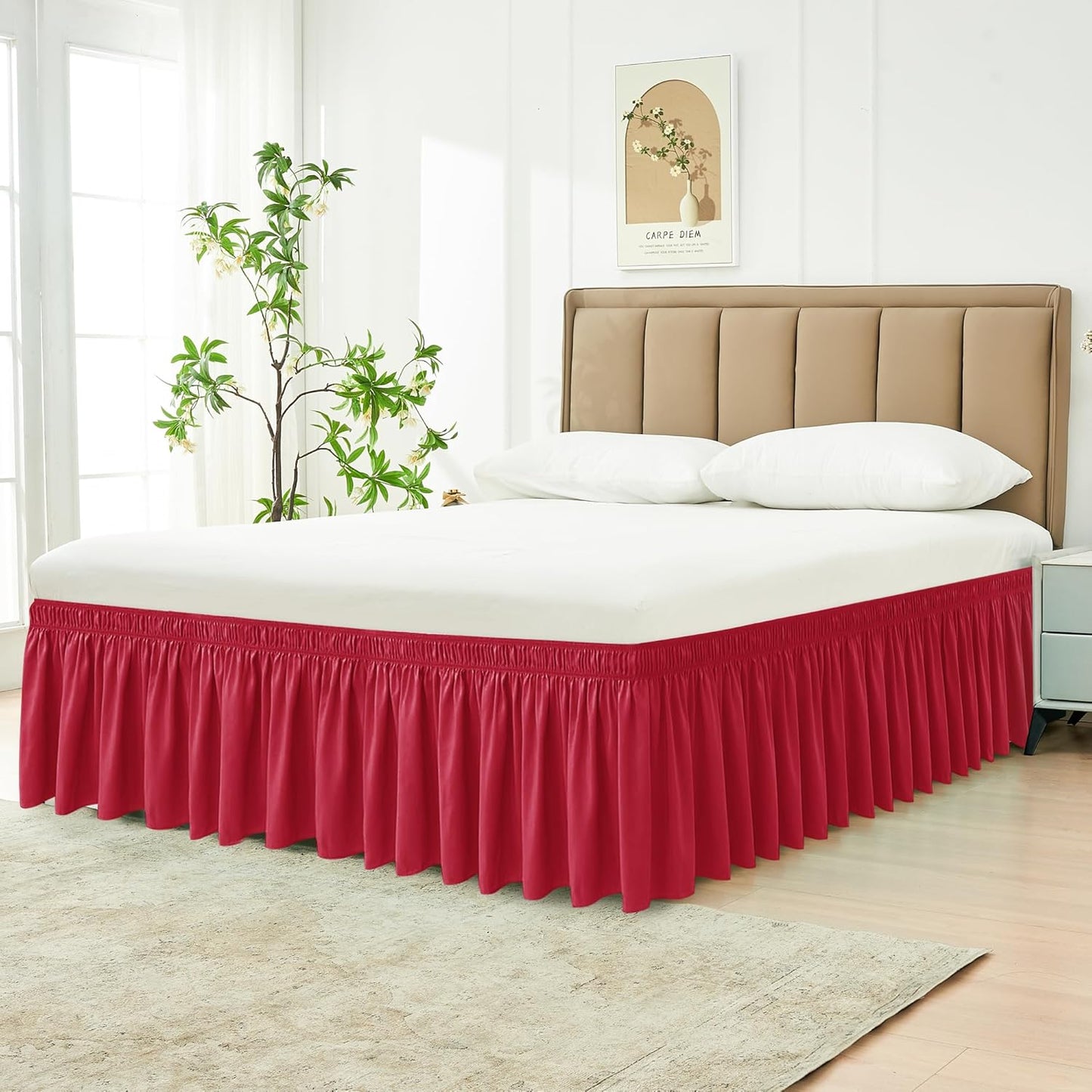 Biscaynebay Wrap Around Bed Skirts for Queen Size Beds 18" Drop, Red Adjustable Elastic Dust Ruffles Easy Fit Wrinkle Resistant Silky Luxurious Fabric Machine Washable
