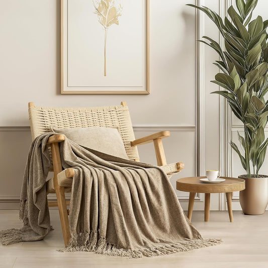 EVERGRACE Soft Chenille Throw Blanket for Couch, Cozy Plush Fuzzy Decorative Chenille Knit Throw Blanket with Tassels, Lightweight Blanket and Throws for Bed Sofa Gift Home Decor, Beige 50"x60"