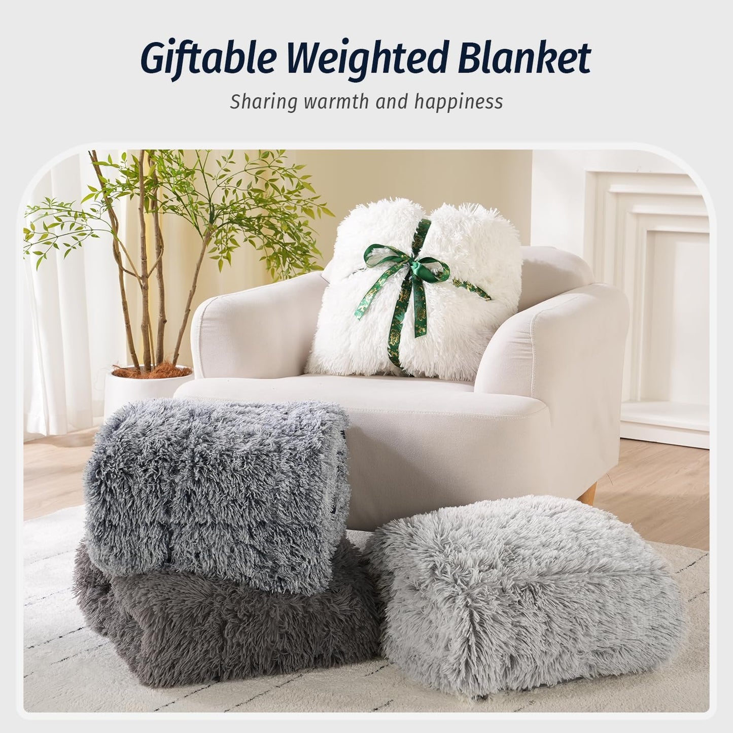 Wemore Shaggy Long Fur Faux Fur Weighted Blanket, Cozy and Plush Sherpa Long Hair Blanket for Adult 15lbs, Fluffy Fuzzy Sherpa Reverse Heavy Blanket for Bed, Couch, Backprint Grey, 60 x 80 Inches