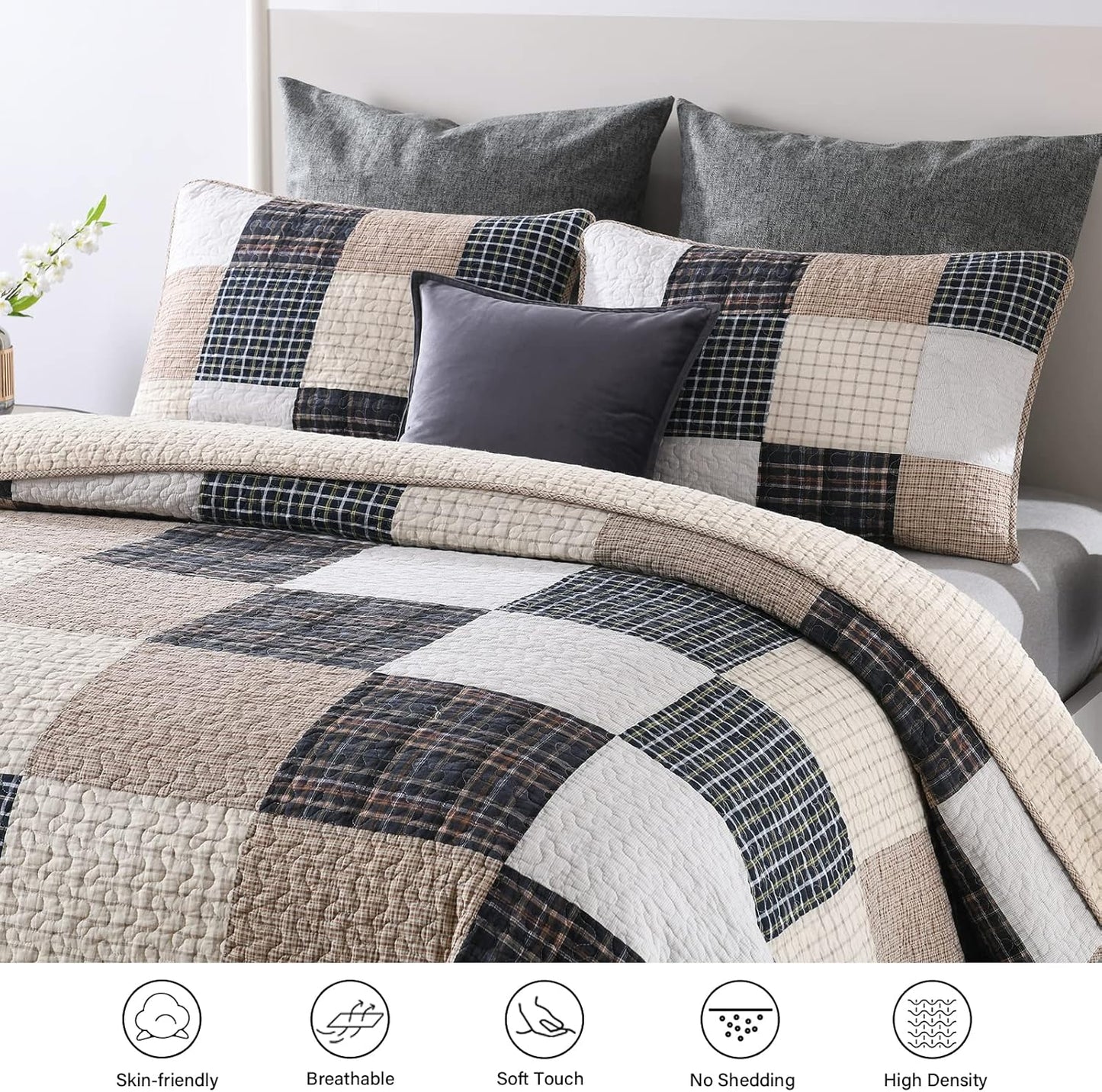 Y-PLWOMEN Quilts Queen Size, 100% Cotton Queen Quilt Set, Brown Khaki Black White Patchwork Plaid Queen Size Bedspread, Lightweight Reversible Soft Summer Quilt Bedding Set, 3-Pieces