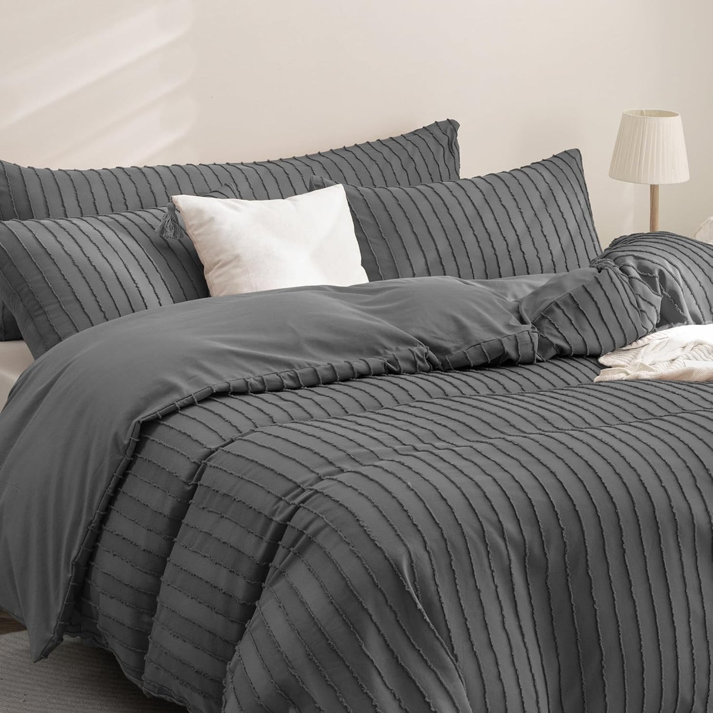 JELLYMONI Duvet Cover Queen Size Dark Grey - 3PCS Boho Striped Duvet Cover Set Polyester Tufted Bohemian Textured Comforter Cover 90×90in with Corner Ties & Zipper and 2 Pillowcases