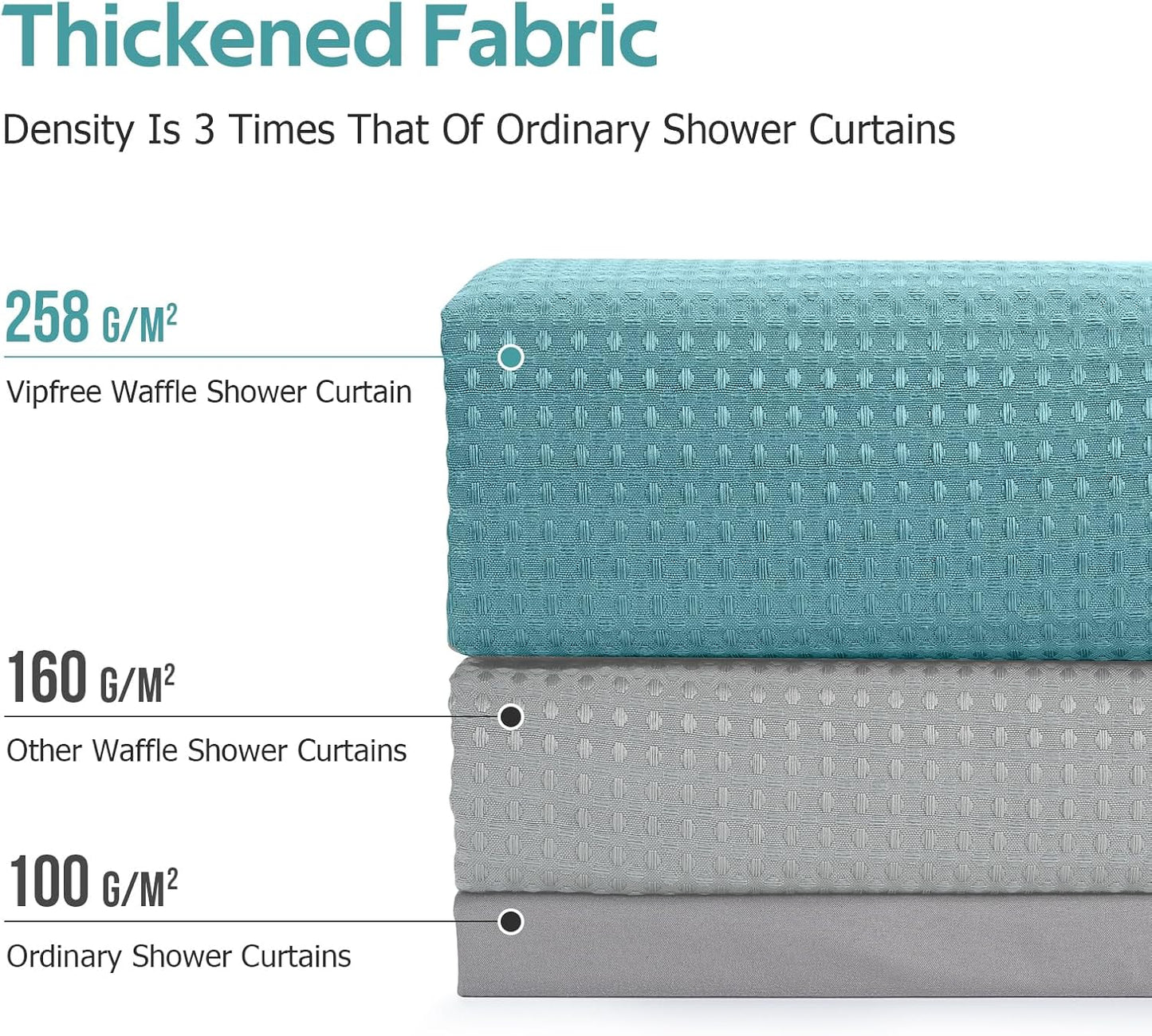 3 in 1 Shower Curtain Set, Waffle Shower Curtain and Liner Set with 12 Double Sided Shower Curtain Hooks, 258GSM Luxury Weighted Cloth Shower Curtains for Bathroom, 72 W x 72 H, Teal