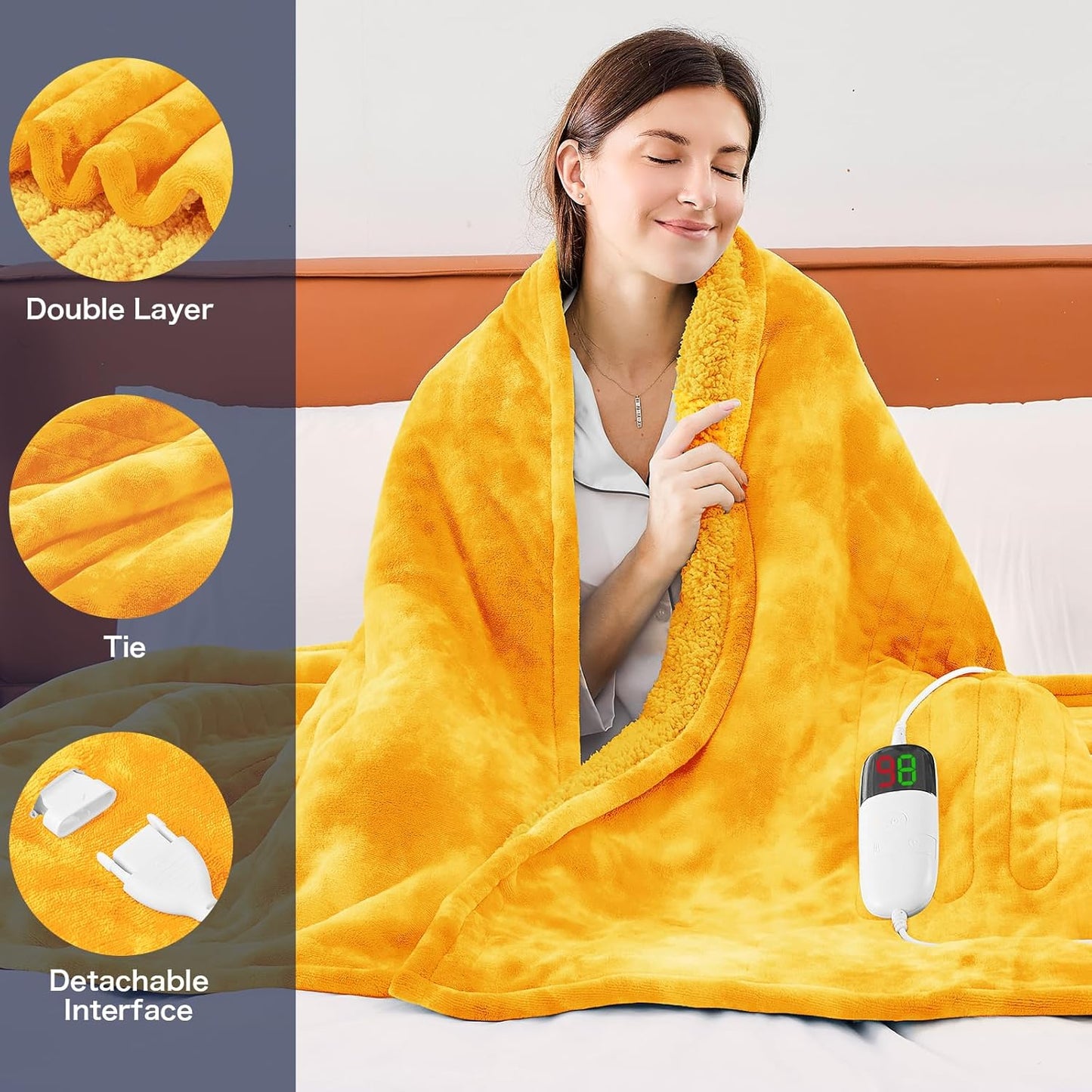 greenoak Heated Electric Blanket Throw, Faux Fur Sherpa Heating Blanket for Sofa Bed, Warm Winter Gifts for Women/Adults, Heater Lap Blankets 5-Position Timer &10 Heating Levels 50''*60" Golden