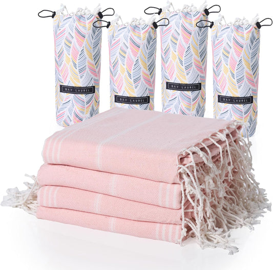 BAY LAUREL Turkish Beach Towel with Travel Bag 39 x 71 Quick Dry Sand Free Lightweight Large Oversized Towels Light - Pack of 4 (Pack of 4 - Blush with Floral Bag)
