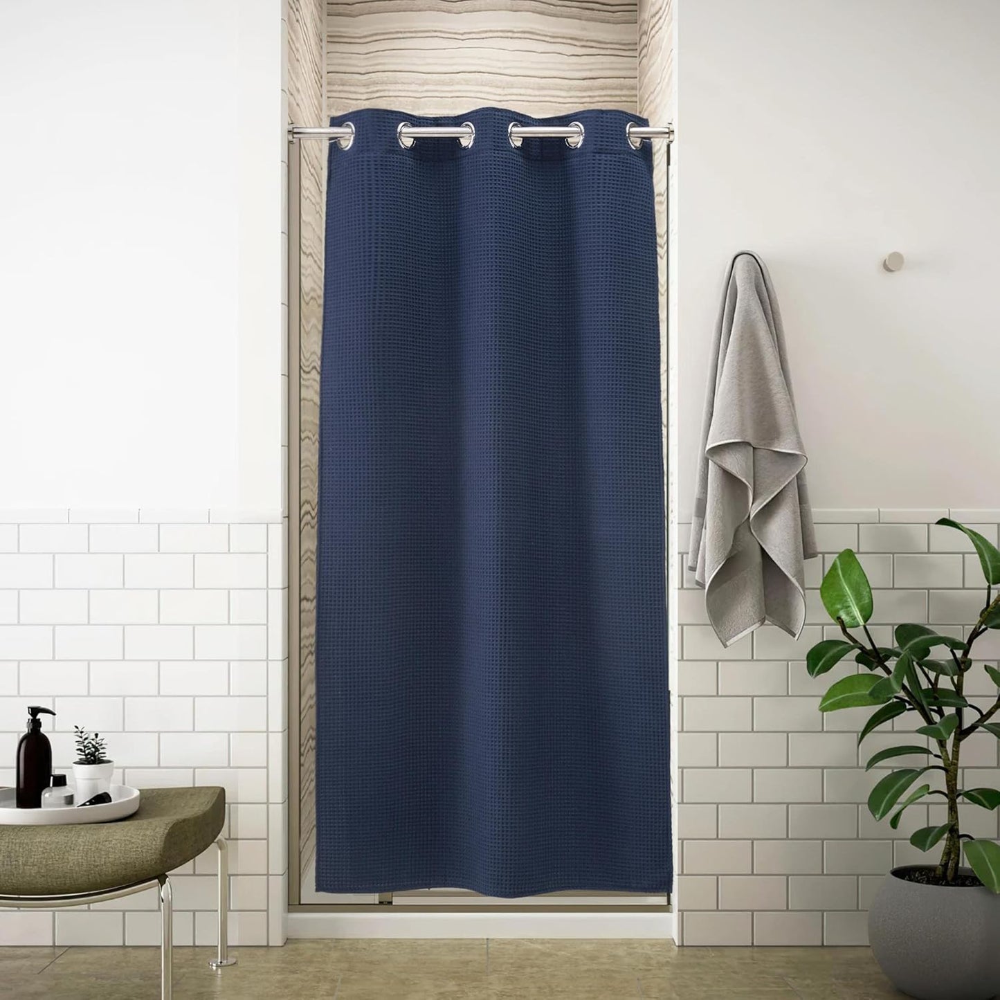 River Dream 36" W Stall Waffle No Hook Shower Curtain with Snap-in Liner,Cotton Blend Fabric Shower Curtain for Bathroom, Navy Blue,36Wx74L