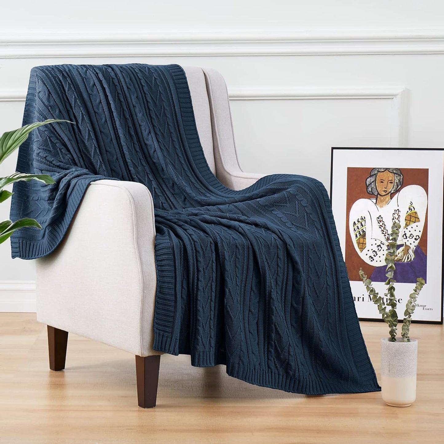 Aormenzy Navy Blue Cable Knit Throw Blankets for Couch Bed Sofa, Acrylic Knitted Blanket, Soft Cozy Throw Blanket, 50" x 60"