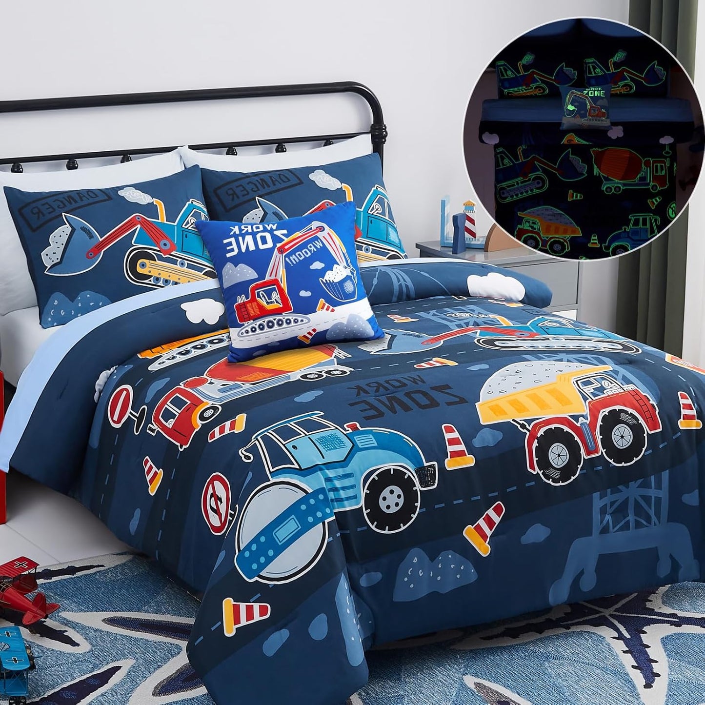 Kids Comforter Set Full Size for Boys, Glow in The Dark Truck Bedding Set 1 Comforter, 1 Decor Pillow, 2 Pillow Shams