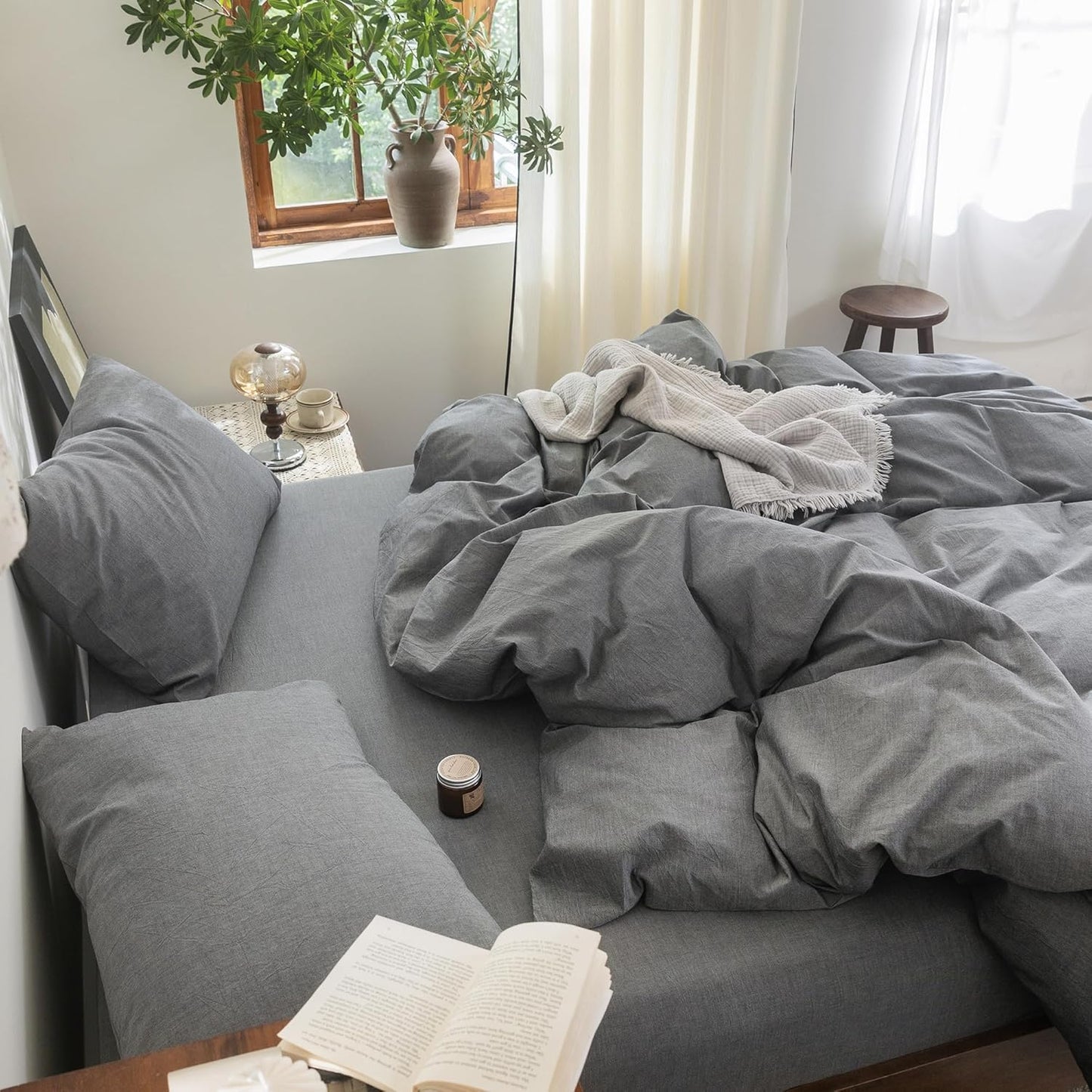FOSSA Duvet Cover Set 100% Washed Cotton Linen Feel Super Soft Breathable Cozy 3 Pieces Bedding Sets Solid Dark Grey Super King