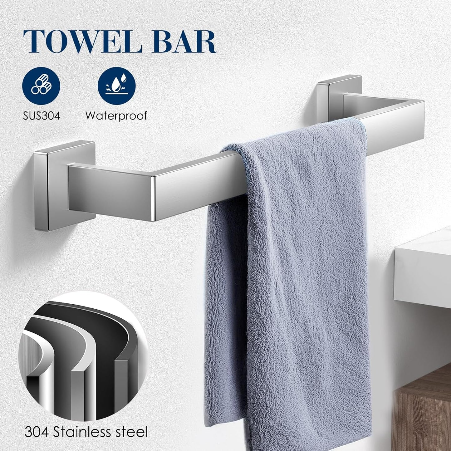7-Pieces Brushed Nickel Bathroom Accessory Set, Bathroom Accessories, Towel Racks for Bathrooml, Stainless Steel, SUS304 Stainless Steel Wall Mounted, Bath Towel Bar Set