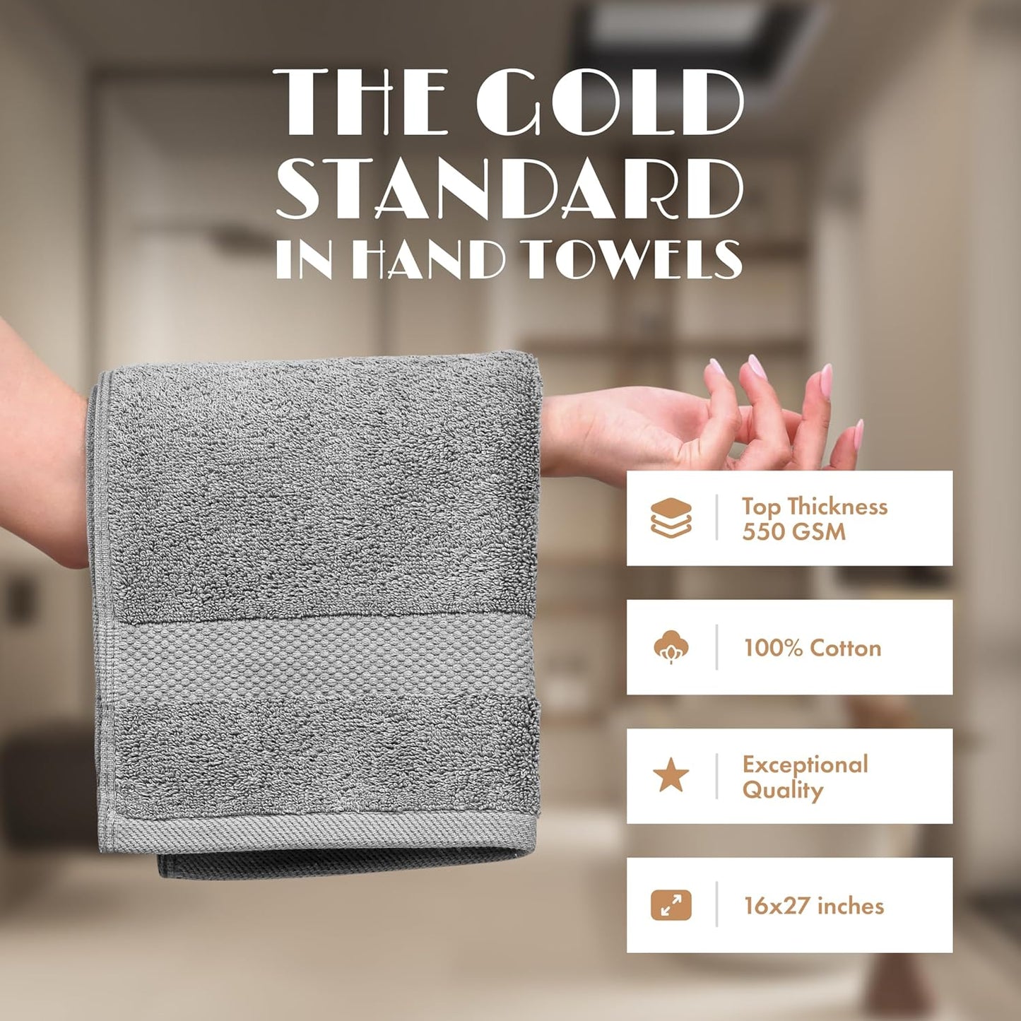 White Classic Light Gray Hand Towels for Bathroom [12 Pack] Cotton Hand Towel Bulk for Gym, Kitchen and Spa, 16x27 Inches Soft Highly Absorbent Quick Dry Terry Salon Towels