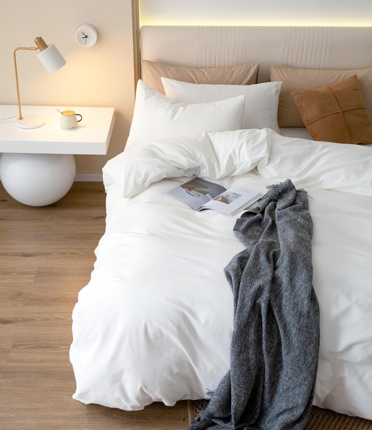 JIYUAN 100% Washed Cotton Duvet Cover Set 2 Pieces Twin, 1 Duvet Cover 68x90 Inches(Comforter Not Included) and 2 Pillowcases,Linen Feel Bedding Set Comfy and Breathable,Bright White