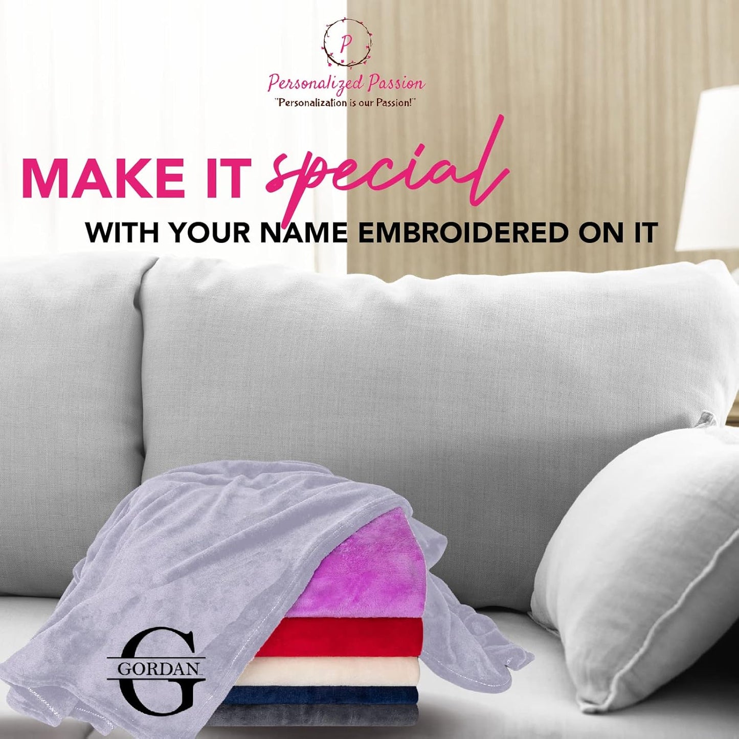Personalized Passion Blankets with Custom Name & Initial Monogram - Super Soft and Cozy Fleece - Unisex Custom Blanket for Him and Her - 80x60 Inches - Silver