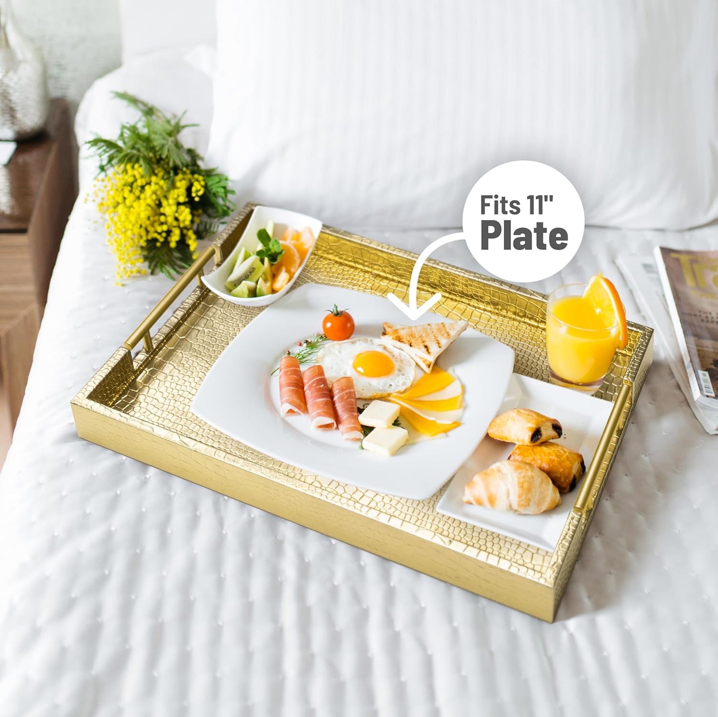 17" x 12" Wood Serving Tray with Gold Polished Metal Handles, Home Decorative Wooden Rectangle Ottoman Leather Decor Platter Bathroom Vanity Tray for All Occasions Alligator Gold