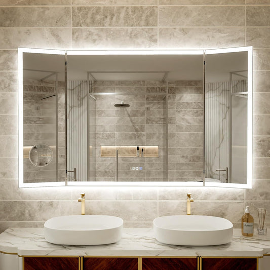 60x36 Trifold Bathroom Mirror with Lights with Removable Magnifier, 180° Foldable LED Mirror for Bathroom, Front&Backlit, Wall Mounted, Stepless Dimming, Color Temper Change, Anti Fog