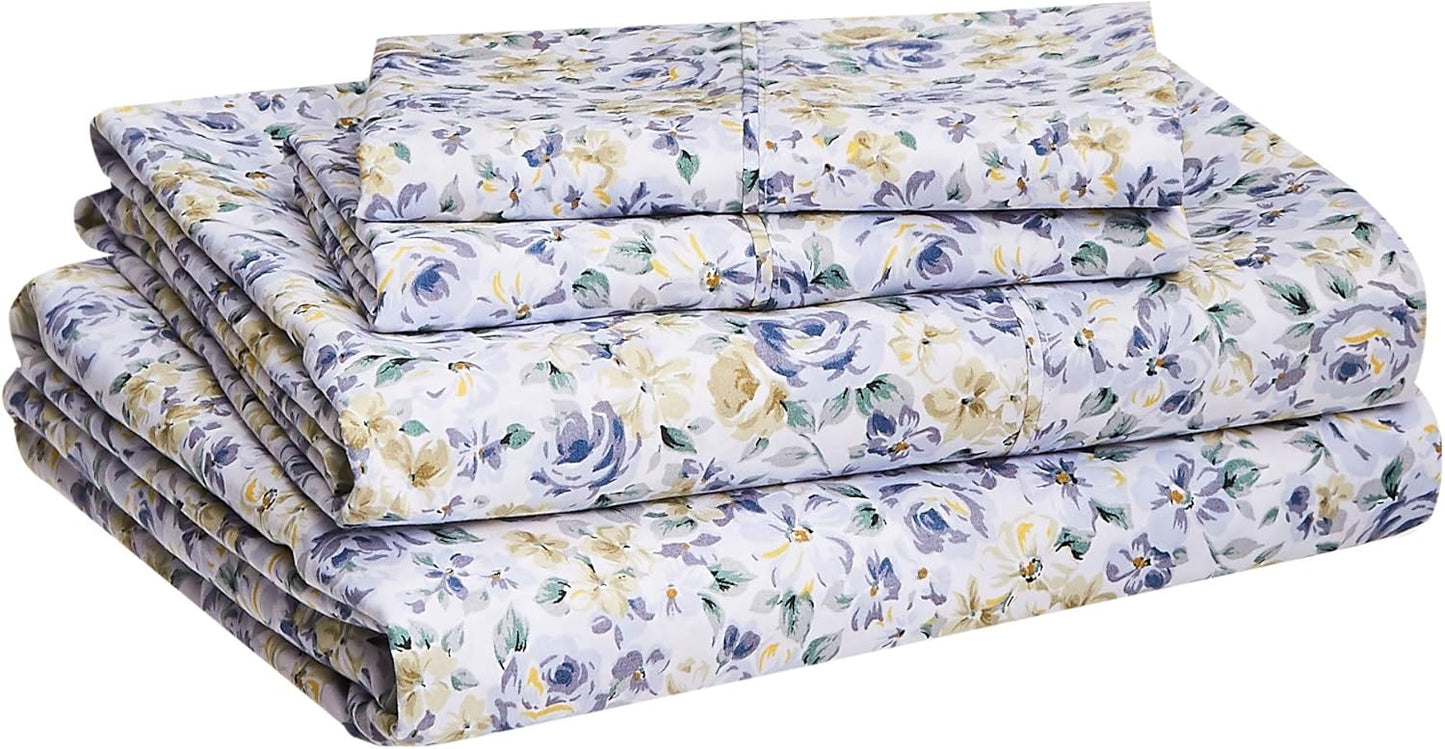 Amazon Basics Lightweight Super Soft Easy Care Microfiber 4 Piece Bed Sheet Set With 14-inch Deep Pockets, Full, Blue Floral,Printed