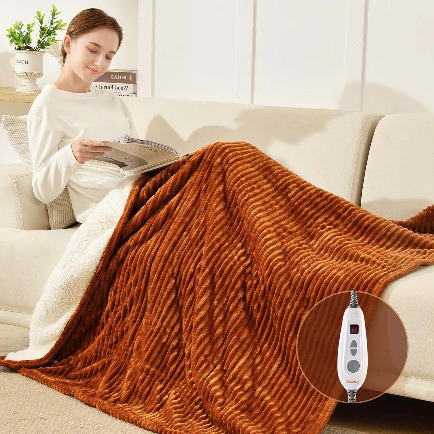 Bearhug Heated Throw Blanket, Ribbed Flannel & Sherpa 50"x60" Fast Heating Electric Blanket, 6 Heating Levels & 4H Auto Off, Over Heat Protection, Machine Washable