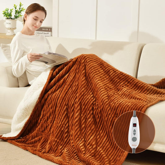 Bearhug Heated Throw Blanket, Ribbed Flannel & Sherpa 50"x60" Fast Heating Electric Blanket, 6 Heating Levels & 4H Auto Off, Over Heat Protection, Machine Washable