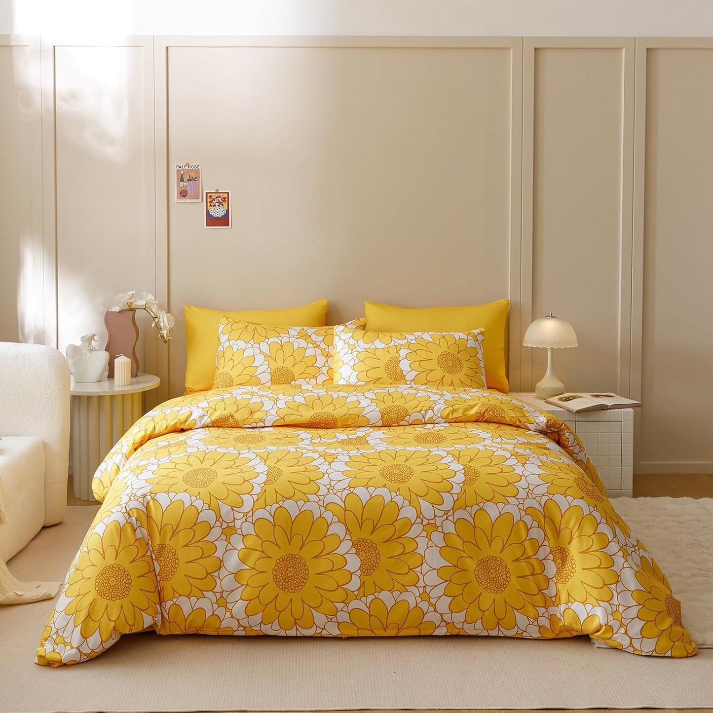 KAREVER Yellow Sunflower Comforter Set Queen Size Yellow Sunflower Bedding Set 3 PCs Comforter Set Queen Size Fluffy Linen Comforter Sets