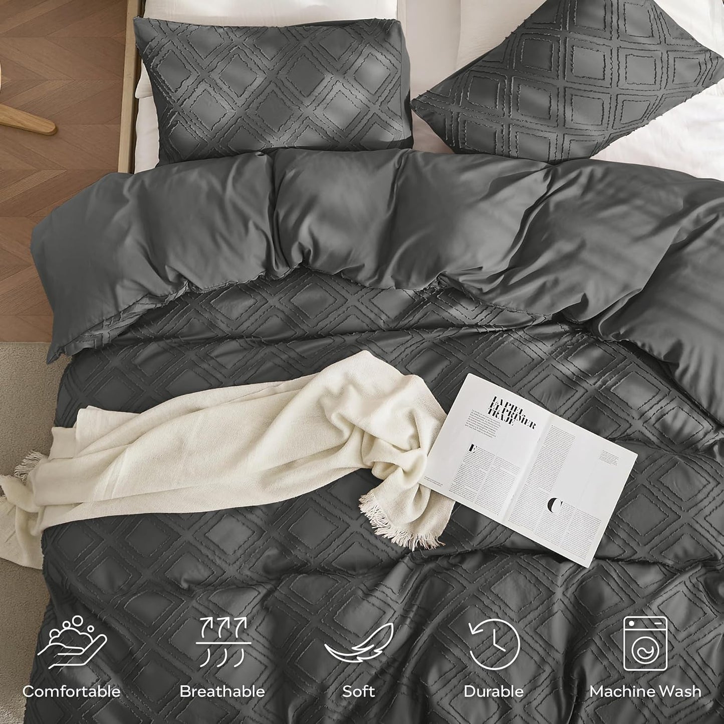 JELLYMONI Duvet Cover Queen Size Dark Grey - 3PCS Boho Duvet Cover Set Plaid Polyester Tufted Bohemian Jacquard Knit Textured Comforter Cover 90×90in Rhombic Geometric Pattern Zipper Corner Tie