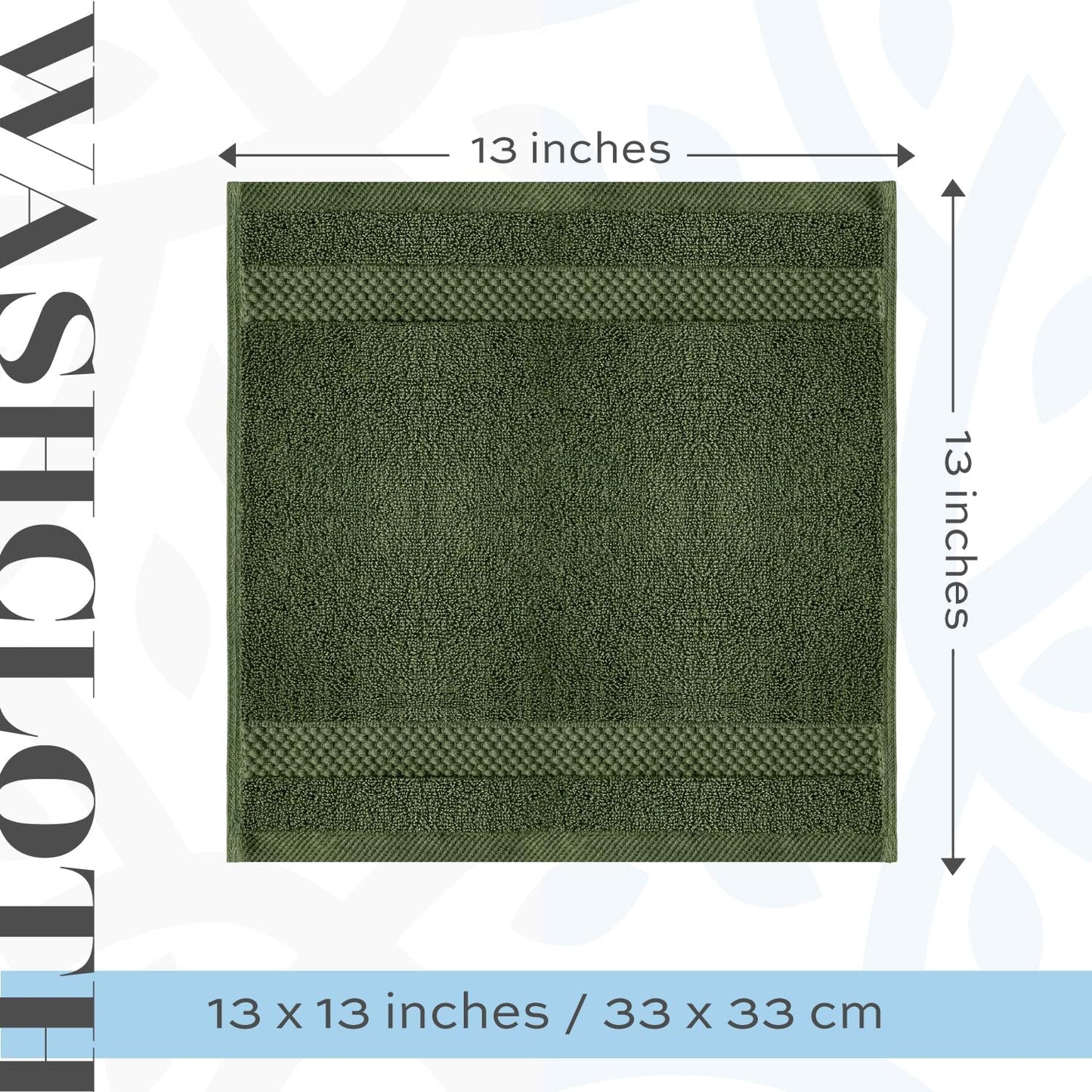 White Classic Luxury Cotton Washcloths 13x13 Inch - 650 GSM Turkish Cotton | Hotel, Spa, Bathroom Face Towel | 12 Pack, Forest Green
